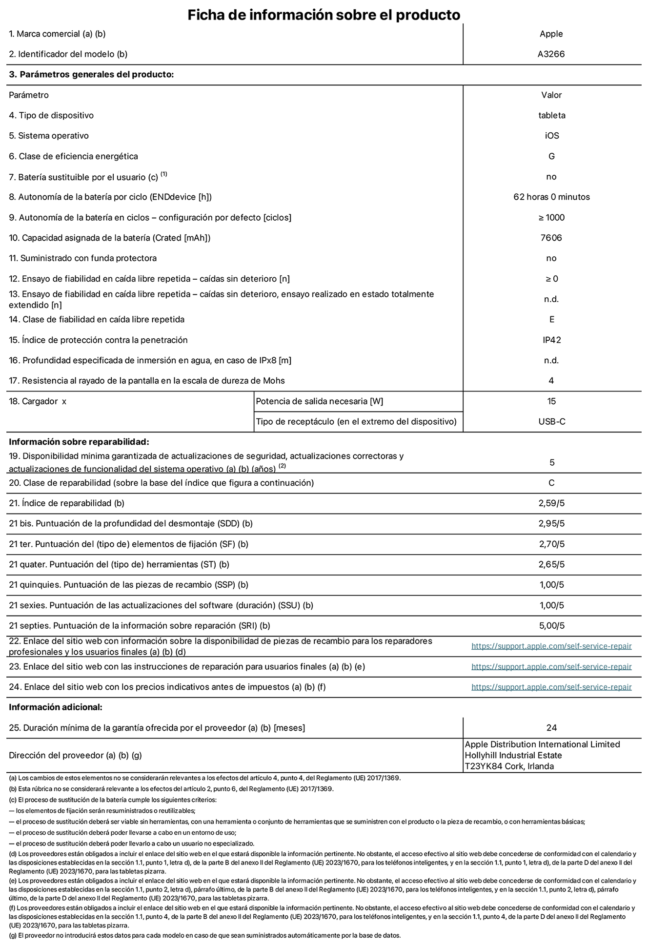 Ficha de información sobre el producto del iPad Air Wi‑Fi de 11 pulgadas. Modelo A3266. Suministrado por Apple UK Ltd, New Bridge Street, 100, EC4V 6JA Londres. Tipo de dispositivo: Tablet. Sistema operativo: iOS. Clase de eficiencia energética para el rango dinámico estándar: G. Autonomía de la batería 62 horas. Autonomía de la batería en ciclos: ≥ 1.000. Capacidad asignada de la batería: 7.606 mAh. Caídas sin deterioro en ensayo de fiabilidad en caída libre repetida: ≥ 0. Clase de fiabilidad en caída libre repetida: E. Índice de protección contra la penetración: IP42 Resistencia al rayado de la pantalla en la escala de dureza de Mohs: 4. Potencia de salida necesaria del cargador: 15 W. Tipo de receptáculo del cargador: USB‑C. Disponibilidad mínima garantizada de actualizaciones de seguridad, correctoras y de funcionalidad del sistema operativo: 5 años. Clase de reparabilidad: C. Índice de reparabilidad: 2,59/5. Puntuación de la profundidad del desmontaje: 2,95/5. Puntuación de los elementos de fijacion: 2,70/5. Puntuación de las herramientas: 2,65/5. Puntuación de las piezsa de recambio: 1/5. Puntuación de las actualizaciones de software: 1/5. Puntuación de las información sobre reparación: 5/5. Enlace del sitio web con información sobre la disponibilidad de piezas de recambio para reparadores profesionales y usuarios finales: https://ancillary-proxy.atarimworker.io?url=https%3A%2F%2Fsupport.apple.com%2Fself-service-repair. Enlace del sitio web con las instrucciones de reparación para usuarios finales: https://ancillary-proxy.atarimworker.io?url=https%3A%2F%2Fsupport.apple.com%2Fself-service-repair. Enlace del sitio web con los precios indicativos antes de impuestos: https://ancillary-proxy.atarimworker.io?url=https%3A%2F%2Fsupport.apple.com%2Fself-service-repair. Se ofrece una garantía general de 24 meses.