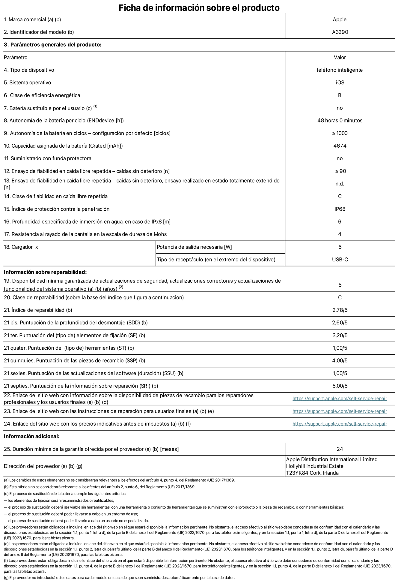 Ficha de información sobre el producto del iPhone 16 Plus. Modelo A3290. Suministrado por Apple Distribution International Limited con sede en Hollyhill Industrial Estate, T23 YK84 Cork (Irlanda). Tipo de dispositivo: Teléfono inteligente. Sistema operativo: iOS. Clase de eficiencia energética: B. Batería sustituible por el usuario: No. Autonomía de la batería por ciclo: 48 horas. Autonomía de la batería en ciclos (configuración por defecto): ≥ 1.000. Capacidad asignada de la batería: 4.674 mAh. Suministrado con funda protectora: No. Caídas sin deterioro en ensayo de fiabilidad en caída libre repetida: ≥ 90. Caídas sin deterioro en ensayo de fiabilidad en caída libre repetida realizado en estado totalmente extendido: N. A. Clase de fiabilidad en caída libre repetida: C. Índice de protección contra la penetración: IP68. Profundidad especificada de inmersión en agua, en caso de iPx8 (m): 6. Resistencia al rayado de la pantalla en la escala de dureza de Mohs: 4. Potencia de salida necesaria del cargador: 5 W. Tipo de receptáculo del cargador (en el extremo del dispositivo): USB‑C. Disponibilidad mínima garantizada de actualizaciones de seguridad, correctoras y de funcionalidad del sistema operativo: 5 años. Clase de reparabilidad: C. Índice de reparabilidad: 2,78/5. Puntuación de la profundidad del desmontaje (SDD): 2,60/5. Puntuación de los elementos de fijación: 3,20/5. Puntuación de las herramientas: 1/5. Puntuación de las piezas de recambio: 4/5. Puntuación de las actualizaciones de software: 1/5. Puntuación de la información sobre reparación: 5/5. Enlace del sitio web con información sobre la disponibilidad de piezas de recambio para reparadores profesionales y usuarios finales: https://ancillary-proxy.atarimworker.io?url=https%3A%2F%2Fsupport.apple.com%2Fself-service-repair. Enlace del sitio web con las instrucciones de reparación para usuarios finales: https://ancillary-proxy.atarimworker.io?url=https%3A%2F%2Fsupport.apple.com%2Fself-service-repair. Enlace del sitio web con los precios indicativos antes de impuestos: https://ancillary-proxy.atarimworker.io?url=https%3A%2F%2Fsupport.apple.com%2Fself-service-repair. Se ofrece una garantía general de 24 meses.