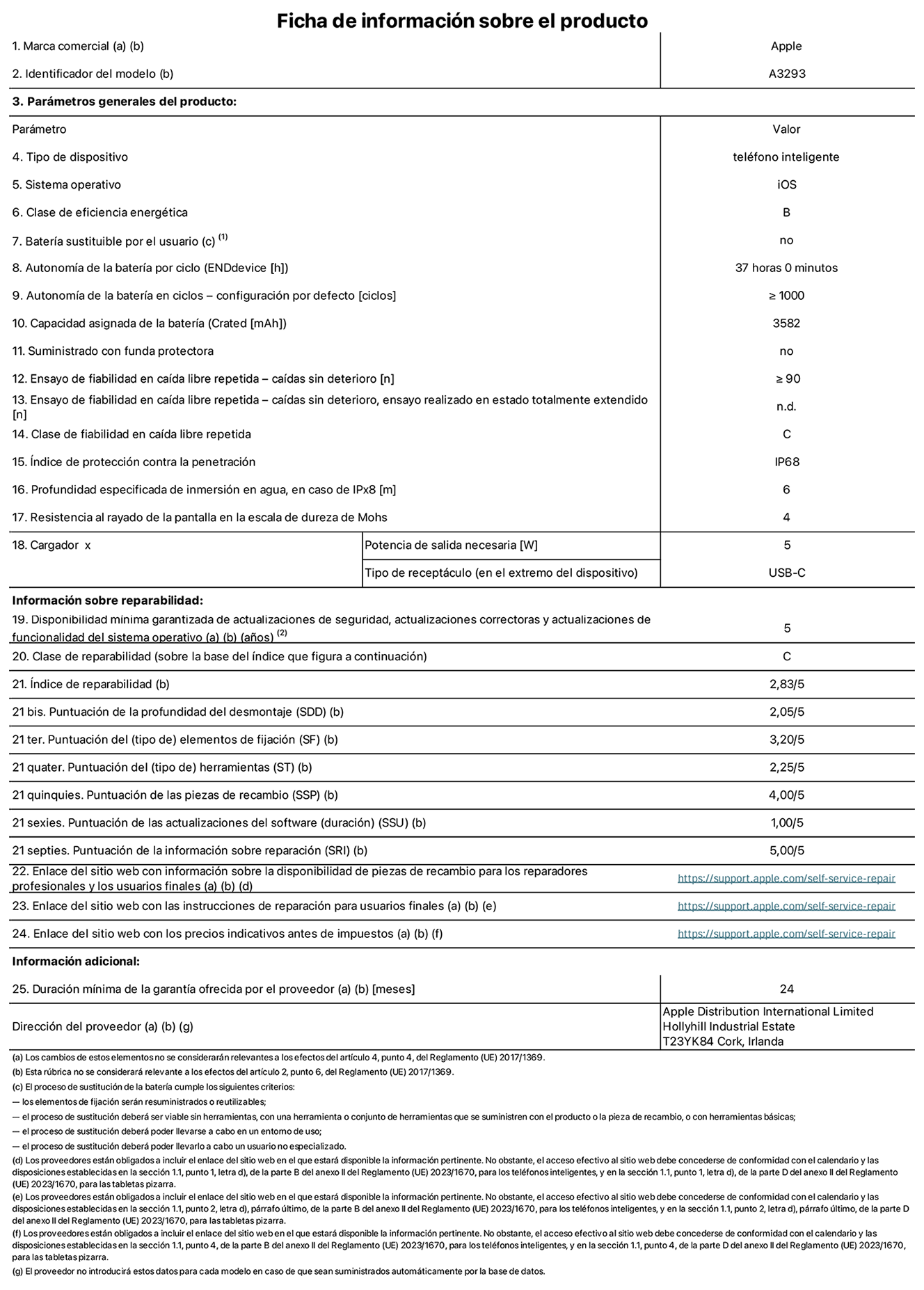 Ficha de información sobre el producto del iPhone 16 Pro. Modelo A3293. Suministrado por Apple Distribution International Limited con sede en Hollyhill Industrial Estate, T23 YK84 Cork (Irlanda). Tipo de dispositivo: Teléfono inteligente. Sistema operativo: iOS. Clase de eficiencia energética: B. Batería sustituible por el usuario: No. Autonomía de la batería por ciclo: 37 horas. Autonomía de la batería en ciclos (configuración por defecto): ≥ 1.000. Capacidad asignada de la batería: 3.582 mAh. Suministrado con funda protectora: No. Caídas sin deterioro en ensayo de fiabilidad en caída libre repetida: ≥ 90. Caídas sin deterioro en ensayo de fiabilidad en caída libre repetida realizado en estado totalmente extendido: N. A. Clase de fiabilidad en caída libre repetida: C. Índice de protección contra la penetración: IP68. Profundidad especificada de inmersión en agua, en caso de iPx8 (m): 6. Resistencia al rayado de la pantalla en la escala de dureza de Mohs: 4. Potencia de salida necesaria del cargador: 5 W. Tipo de receptáculo del cargador (en el extremo del dispositivo): USB‑C. Disponibilidad mínima garantizada de actualizaciones de seguridad, correctoras y de funcionalidad del sistema operativo: 5 años. Clase de reparabilidad: C. Índice de reparabilidad: 2,83/5. Puntuación de la profundidad del desmontaje (SDD): 2,05/5. Puntuación de los elementos de fijación: 3,20/5. Puntuación de las herramientas: 2,25/5. Puntuación de las piezas de recambio: 4/5. Puntuación de las actualizaciones de software: 1/5. Puntuación de la información sobre reparación: 5/5. Enlace del sitio web con información sobre la disponibilidad de piezas de recambio para reparadores profesionales y usuarios finales: https://ancillary-proxy.atarimworker.io?url=https%3A%2F%2Fsupport.apple.com%2Fself-service-repair. Enlace del sitio web con las instrucciones de reparación para usuarios finales: https://ancillary-proxy.atarimworker.io?url=https%3A%2F%2Fsupport.apple.com%2Fself-service-repair. Enlace del sitio web con los precios indicativos antes de impuestos: https://ancillary-proxy.atarimworker.io?url=https%3A%2F%2Fsupport.apple.com%2Fself-service-repair. Se ofrece una garantía general de 24 meses.