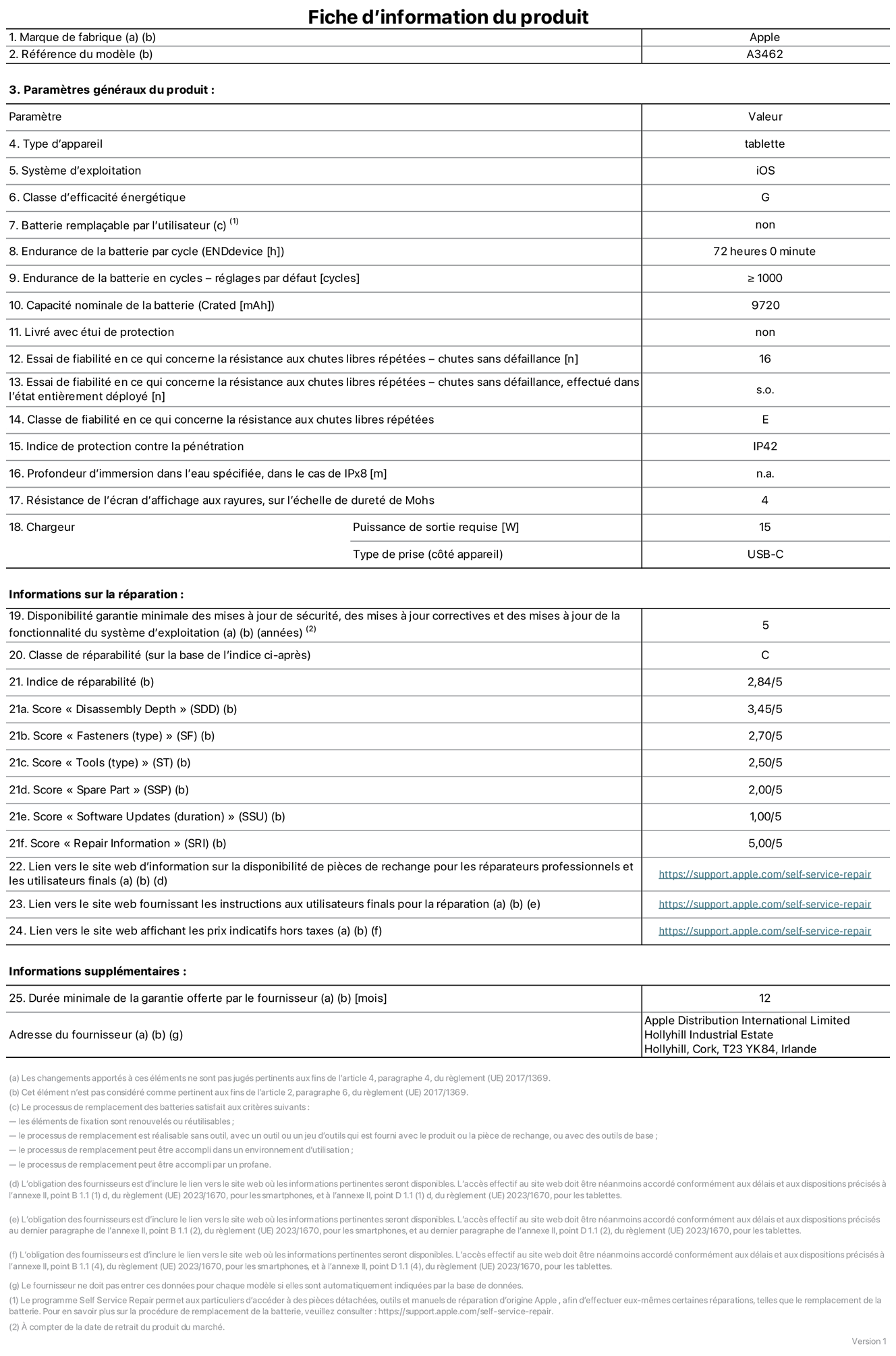 Fiche d’informations produit de l’iPad Air 13 pouces Wi‑Fi + Cellular, modèle A3462. Fournie par Apple Distribution International Limited, Hollyhill Industrial Estate. Cork, T23 YK84, Irlande. Type d’appareil : tablette. Système d’exploitation : iOS. Classe d’efficacité énergétique : G. Batterie remplaçable par l’utilisateur : non. Endurance de la batterie par cycle : 72 heures. Endurance de la batterie en cycles – réglages par défaut : supérieure ou égale à 1 000. Capacité nominale de la batterie : 9 720 mAh. Livré avec étui de protection : non. Essai de fiabilité en ce qui concerne la résistance aux chutes libres répétées – chutes sans défaillance : 16. Essai de fiabilité en ce qui concerne la résistance aux chutes libres répétées – chutes sans défaillance, effectué dans l’état entièrement déployé : non applicable. Classe de fiabilité en ce qui concerne la résistance aux chutes libres répétées : E. Indice de protection contre la pénétration : IP42. Profondeur d’immersion dans l’eau spécifiée, dans le cas de l’IPx8 : non applicable. Résistance de l’écran d’affichage aux rayures sur l’échelle de dureté de Mohs : 4. Puissance de sortie requise du chargeur : 15 W. Type de prise (côté appareil) : USB‑C. Disponibilité garantie minimale des mises à jour de sécurité, des mises à jour correctives et des mises à jour de la fonctionnalité du système d’exploitation : 5 ans. Classe de réparabilité : C. Indice de réparabilité : 2,84/5. Score pour la profondeur de désassemblage (SDD) : 3,45/5. Score pour les éléments de fixation : 2,70/5. Score pour les outils : 2,50/5. Score pour les pièces de rechange : 2,00/5. Score pour la mise à jour des logiciels : 1,00/5. Score pour les informations concernant la réparation : 5,00/5. Lien vers le site web d’information sur la disponibilité des pièces de rechange pour les réparateurs professionnels et les utilisateurs finals : https://ancillary-proxy.atarimworker.io?url=https%3A%2F%2Fsupport.apple.com%2Fself-service-repair. Lien vers le site web fournissant les instructions aux utilisateurs finals pour la réparation : https://ancillary-proxy.atarimworker.io?url=https%3A%2F%2Fsupport.apple.com%2Fself-service-repair. Lien vers le site web affichant les prix indicatifs hors taxes : https://ancillary-proxy.atarimworker.io?url=https%3A%2F%2Fsupport.apple.com%2Fself-service-repair. Garantie générale de 12 mois offerte.