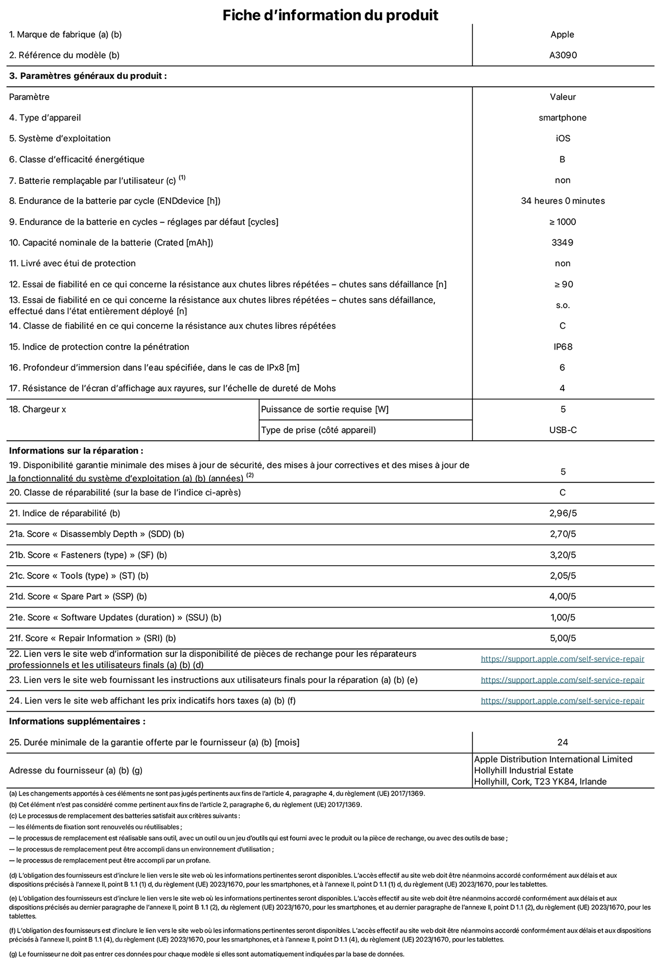 Fiche d’informations produit de l’iPhone 15, modèle A3090. Fournie par Apple Distribution International Limited, Hollyhill Industrial Estate. Cork, T23 YK84, Irlande Type d’appareil : smartphone. Système d’exploitation : iOS. Classe d’efficacité énergétique : B. Batterie remplaçable par l’utilisateur : non. Endurance de la batterie par cycle : 34 heures. Endurance de la batterie en cycles – réglages par défaut : ≥ 1 000. Capacité nominale de la batterie : 3 349 mAh. Livré avec étui de protection : non. Essai de fiabilité en ce qui concerne la résistance aux chutes libres répétées – chutes sans défaillance : ≥ 90. Essai de fiabilité en ce qui concerne la résistance aux chutes libres répétées – chutes sans défaillance, effectué dans l’état entièrement déployé : non applicable. Classe de fiabilité en ce qui concerne la résistance aux chutes libres répétées : C. Indice de protection contre la pénétration : IP68. Profondeur d’immersion spécifiée, dans le cas de l’IPx8 : 6 mètres. Résistance de l’écran d’affichage aux rayures sur l’échelle de dureté de Mohs : 4. Puissance de sortie requise du chargeur : 5 W. Type de prise (côté appareil) : USB‑C. Disponibilité garantie minimale des mises à jour de sécurité, des mises à jour correctives et des mises à jour de la fonctionnalité du système d’exploitation : 5 ans. Classe de réparabilité : C. Indice de réparabilité : 2,96/5. Score pour la profondeur de désassemblage (SDD) : 2,70/5. Score pour les éléments de fixation : 3,20/5. Score pour les outils : 2,05/5. Score pour les pièces de rechange : 4,00/5. Score pour les mises à jour logicielles : 1,00/5. Score pour les informations concernant la réparation : 5,00/5. Lien vers le site web d’information sur la disponibilité des pièces de rechange pour les réparateurs professionnels et les utilisateurs finaux : https://ancillary-proxy.atarimworker.io?url=https%3A%2F%2Fsupport.apple.com%2Fself-service-repair. Lien vers le site web fournissant les instructions aux utilisateurs finaux pour la réparation : https://ancillary-proxy.atarimworker.io?url=https%3A%2F%2Fsupport.apple.com%2Fself-service-repair. Lien vers le site web affichant les prix indicatifs hors taxes : https://ancillary-proxy.atarimworker.io?url=https%3A%2F%2Fsupport.apple.com%2Fself-service-repair. Garantie générale de 24 mois offerte. 