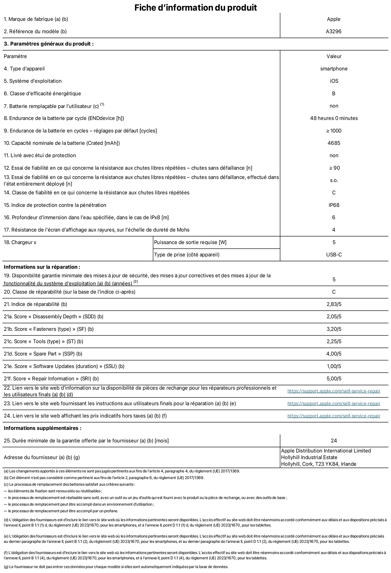 Fiche d’informations produit de l’iPhone 16 Pro Max, modèle A3296. Fournie par Apple Distribution International Limited, Hollyhill Industrial Estate. Cork, T23 YK84, Irlande Type d’appareil : smartphone. Système d’exploitation : iOS. Classe d’efficacité énergétique : B. Batterie remplaçable par l’utilisateur : non. Endurance de la batterie par cycle : 48 heures. Endurance de la batterie en cycles – réglages par défaut : supérieure ou égale à 1 000. Capacité nominale de la batterie : 4 685 mAh. Livré avec étui de protection : non. Essai de fiabilité en ce qui concerne la résistance aux chutes libres répétées – chutes sans défaillance :  supérieur ou égal à 90. Essai de fiabilité en ce qui concerne la résistance aux chutes libres répétées – chutes sans défaillance, effectué dans l’état entièrement déployé : non applicable. Classe de fiabilité en ce qui concerne la résistance aux chutes libres répétées : C. Indice de protection contre la pénétration : IP68. Profondeur d’immersion spécifiée dans l’eau, dans le cas de l’IPx8 : 6 mètres. Résistance de l’écran d’affichage aux rayures sur l’échelle de dureté de Mohs : 4. Puissance de sortie requise du chargeur : 5 W. Type de prise (côté appareil) : USB‑C. Disponibilité garantie minimale des mises à jour de sécurité, des mises à jour correctives et des mises à jour de la fonctionnalité du système d’exploitation : 5 ans. Classe de réparabilité : C. Indice de réparabilité : 2,83/5. Score pour la profondeur de désassemblage (SDD) : 2,05/5. Score pour les éléments de fixation : 3,20/5. Score pour les outils : 1,00/5. Score pour les pièces de rechange : 4,00/5. Score pour les mises à jour logicielles : 1,00/5. Score pour les informations concernant la réparation : 5,00/5. Lien vers le site web d’information sur la disponibilité des pièces de rechange pour les réparateurs professionnels et les utilisateurs finaux : https://ancillary-proxy.atarimworker.io?url=https%3A%2F%2Fsupport.apple.com%2Fself-service-repair. Lien vers le site web fournissant les instructions aux utilisateurs finaux pour la réparation : https://ancillary-proxy.atarimworker.io?url=https%3A%2F%2Fsupport.apple.com%2Fself-service-repair. Lien vers le site web affichant les prix indicatifs hors taxes : https://ancillary-proxy.atarimworker.io?url=https%3A%2F%2Fsupport.apple.com%2Fself-service-repair. Garantie générale de 24 mois offerte.