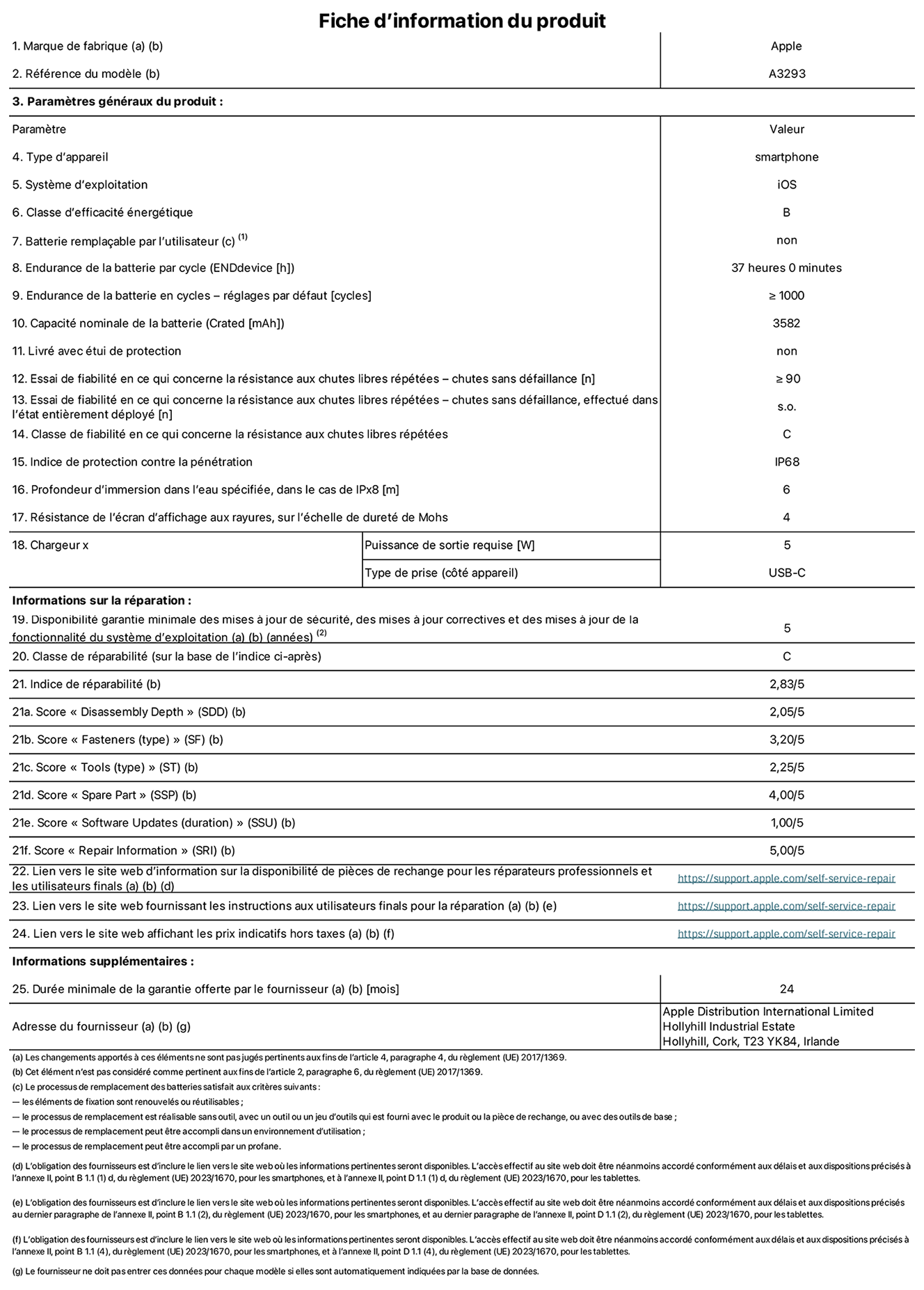 Fiche d’informations produit de l’iPhone 16 Pro, modèle A3293. Fournie par Apple Distribution International Limited, Hollyhill Industrial Estate. Cork, T23 YK84, Irlande Type d’appareil : smartphone. Système d’exploitation : iOS. Classe d’efficacité énergétique : B. Batterie remplaçable par l’utilisateur : non. Endurance de la batterie par cycle : 37 heures. Endurance de la batterie en cycles – réglages par défaut : ≥ 1 000. Capacité nominale de la batterie : 3 582 mAh. Livré avec étui de protection : non. Essai de fiabilité en ce qui concerne la résistance aux chutes libres répétées – chutes sans défaillance : ≥ 90. Essai de fiabilité en ce qui concerne la résistance aux chutes libres répétées – chutes sans défaillance, effectué dans l’état entièrement déployé : non applicable. Classe de fiabilité en ce qui concerne la résistance aux chutes libres répétées : C. Indice de protection contre la pénétration : IP68. Profondeur d’immersion spécifiée, dans le cas de l’IPx8 : 6 mètres. Résistance de l’écran d’affichage aux rayures sur l’échelle de dureté de Mohs : 4. Puissance de sortie requise du chargeur : 5 W. Type de prise (côté appareil) : USB‑C. Disponibilité garantie minimale des mises à jour de sécurité, des mises à jour correctives et des mises à jour de la fonctionnalité du système d’exploitation : 5 ans. Classe de réparabilité : C. Indice de réparabilité : 2,83/5. Score pour la profondeur de désassemblage (SDD) : 2,05/5. Score pour les éléments de fixation : 3,20/5. Score pour les outils : 2,25/5. Score pour les pièces de rechange : 4,00/5. Score pour les mises à jour logicielles : 1,00/5. Score pour les informations concernant la réparation : 5,00/5. Lien vers le site web d’information sur la disponibilité des pièces de rechange pour les réparateurs professionnels et les utilisateurs finaux : https://ancillary-proxy.atarimworker.io?url=https%3A%2F%2Fsupport.apple.com%2Fself-service-repair. Lien vers le site web fournissant les instructions aux utilisateurs finaux pour la réparation : https://ancillary-proxy.atarimworker.io?url=https%3A%2F%2Fsupport.apple.com%2Fself-service-repair. Lien vers le site web affichant les prix indicatifs hors taxes : https://ancillary-proxy.atarimworker.io?url=https%3A%2F%2Fsupport.apple.com%2Fself-service-repair. Garantie générale de 24 mois offerte.