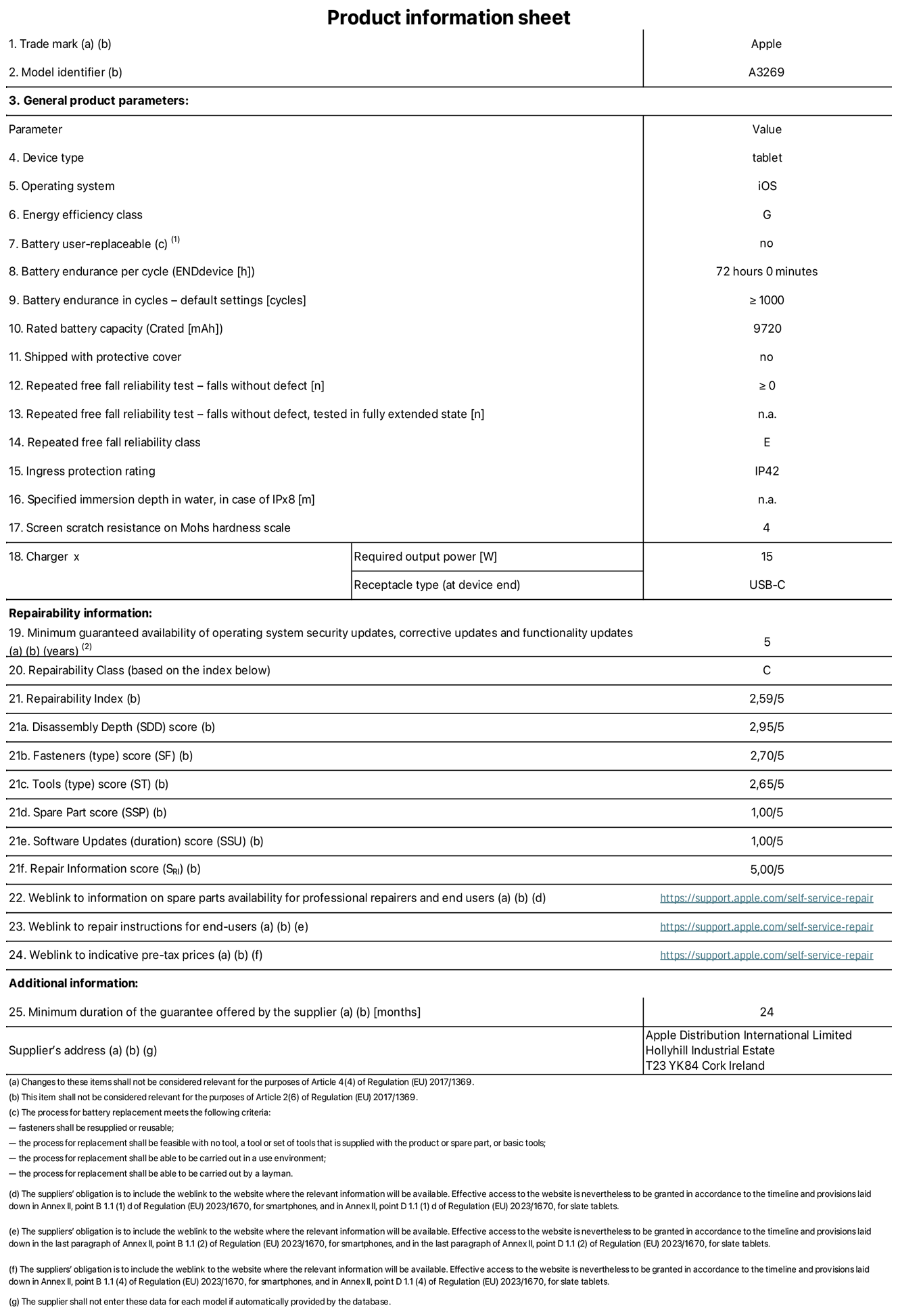 Product information sheet for 13-inch iPad Air Wi-Fi + Cellular. Model A3269. Supplied by Apple UK Ltd, 100 New Bridge Street, London, EC4V 6JA. Device type: tablet. Operating system: iOS. Energy efficiency class for Standard Dynamic Range: G. Battery endurance 72 hours. Battery endurance in cycles: greater than or equal to 1,000. Rated battery capacity: 9,720 milliampere-hours. Repeated free fall reliability test - falls without defect: greater than or equal to 0. Repeated free fall reliability class: E. Ingress protection: IP42. Screen scratch resistance on Mohs hardness scale: 4. Charger required output power 15 watts. Charger receptacle type: USB-C. Minimum guaranteed availability of operating system security updates, corrective updates and functionality updates: 5 years. Repairability Class: C. Repairability Index: 2.59/5. Disassembly Depth score: 2.95/5. Fasteners (type) score: 2.70/5. Tools score: 2.65/5. Spare Part score: 1.00/5. Software Updates score: 1.00/5. Repair information score: 5.00/5. Weblink to information on spare parts availability for professional repairers and end-users: https://ancillary-proxy.atarimworker.io?url=https%3A%2F%2Fsupport.apple.com%2Fself-service-repair. Weblink to repair instructions for end-users: https://ancillary-proxy.atarimworker.io?url=https%3A%2F%2Fsupport.apple.com%2Fself-service-repair. Weblink to indicative pre-tax prices: https://ancillary-proxy.atarimworker.io?url=https%3A%2F%2Fsupport.apple.com%2Fself-service-repair. 24-month general guarantee offered.