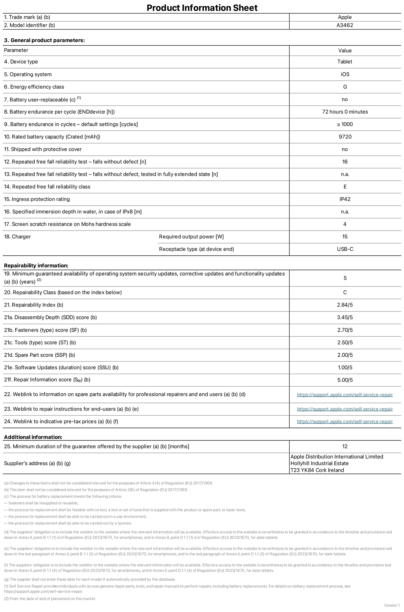 Product information sheet for 13-inch iPad Air Wi‑Fi + Cellular, model A3462. Supplied by Apple Distribution International Limited, Hollyhill Industrial Estate. Cork, Ireland, T23 YK84. Device type: tablet. Operating system: iOS. Energy efficiency class: G. Battery user-replaceable: no. Battery endurance per cycle: 72 hours. Battery endurance in cycles — default settings: greater than or equal to 1,000. Rated battery capacity: 9720 milliampere-hours. Shipped with protective cover: no. Repeated free fall reliability test - falls without defect: 16. Repeated free fall reliability test — falls without defect tested in fully extended state: not applicable. Repeated free fall in reliability class: E. Ingress protection rating: IP42. Specified immersion depth in water, in case of iPx8: not applicable. Screen scratch resistance on Mohs hardness scale: 4. Charger required output power: 15 watts. Charger receptacle type (at device end): USB‑C. Minimum guaranteed availability of operating system security updates, corrective updates and functionality updates: 5 years. Repairability class: C. Repairability index: 2.84/5. Disassembly Depth (SDD) score: 3.45/5. Fasteners score: 2.70/5. Tools score: 2.50/5. Spare part score: 2.00/5. Software updates score: 1.00/5. Repair information score: 5.00/5. Weblink to information on spare parts availability for professional repairers and end-users: https://ancillary-proxy.atarimworker.io?url=https%3A%2F%2Fsupport.apple.com%2Fself-service-repair. Weblink to repair instructions for end-users: https://ancillary-proxy.atarimworker.io?url=https%3A%2F%2Fsupport.apple.com%2Fself-service-repair. Weblink to indicative pre-tax prices: https://ancillary-proxy.atarimworker.io?url=https%3A%2F%2Fsupport.apple.com%2Fself-service-repair. 12-month general guarantee offered.