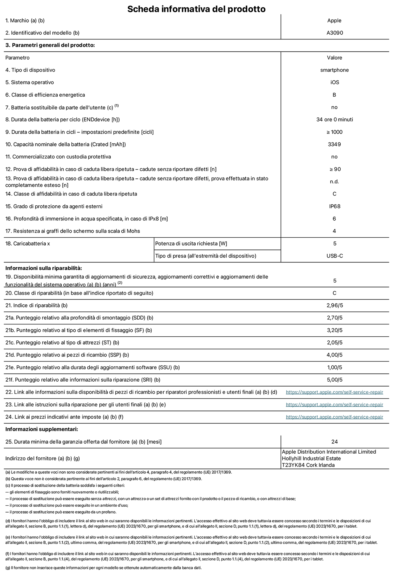 Scheda informativa del prodotto per iPhone 15, modello A3090. Fornito da Apple Distribution International Limited, Hollyhill Industrial Estate, T23 YK84 Cork, Irlanda. Tipo di dispositivo: smartphone. Sistema operativo: iOS. Classe di efficienza energetica: B. Batteria sostituibile da parte dell’utente: no. Durata della batteria per ciclo: 34 ore. Durata della batteria in cicli (impostazioni predefinite): maggiore o uguale a 1000. Capacità nominale della batteria: 3349 mAh. Commercializzato con custodia protettiva: no. Prova di affidabilità in caso di caduta libera ripetuta (cadute senza riportare difetti): maggiore o uguale a 90. Prova di affidabilità in caso di caduta libera ripetuta (cadute senza riportare difetti, prova effettuata in stato completamente esteso): non disponibile. Classe di affidabilità nel caso di caduta libera ripetuta: C. Grado di protezione da agenti esterni: IP68. Profondità di immersione in acqua specificata, in caso di IPx8: 6 metri. Resistenza ai graffi dello schermo sulla scala di Mohs: 4. Potenza di uscita richiesta per il caricabatterie: 5W. Tipo di presa per il caricabatterie (all’estremità del dispositivo): USB-C. Disponibilità minima garantita di aggiornamenti di sicurezza, aggiornamenti correttivi e aggiornamenti delle funzionalità del sistema operativo: 5 anni. Classe di riparabilità: C. Indice di riparabilità: 2,96 su 5. Punteggio relativo alla profondità di smontaggio (SDD): 2,70 su 5. Punteggio relativo al tipo di elementi di fissaggio: 3,20 su 5. Punteggio relativo al tipo di attrezzi: 2,05 su 5. Punteggio relativo ai pezzi di ricambio: 4,00 su 5. Punteggio relativo alla durata degli aggiornamenti software: 1,00 su 5. Punteggio relativo alle informazioni sulla riparazione: 5,00 su 5. Link alle informazioni sulla disponibilità di pezzi di ricambio per riparatori professionisti e utenti finali: https://ancillary-proxy.atarimworker.io?url=https%3A%2F%2Fsupport.apple.com%2Fself-service-repair. Link alle istruzioni sulla riparazione per gli utenti finali: https://ancillary-proxy.atarimworker.io?url=https%3A%2F%2Fsupport.apple.com%2Fself-service-repair. Link ai prezzi indicativi ante imposte: https://ancillary-proxy.atarimworker.io?url=https%3A%2F%2Fsupport.apple.com%2Fself-service-repair. È prevista una garanzia generale di 24 mesi. 