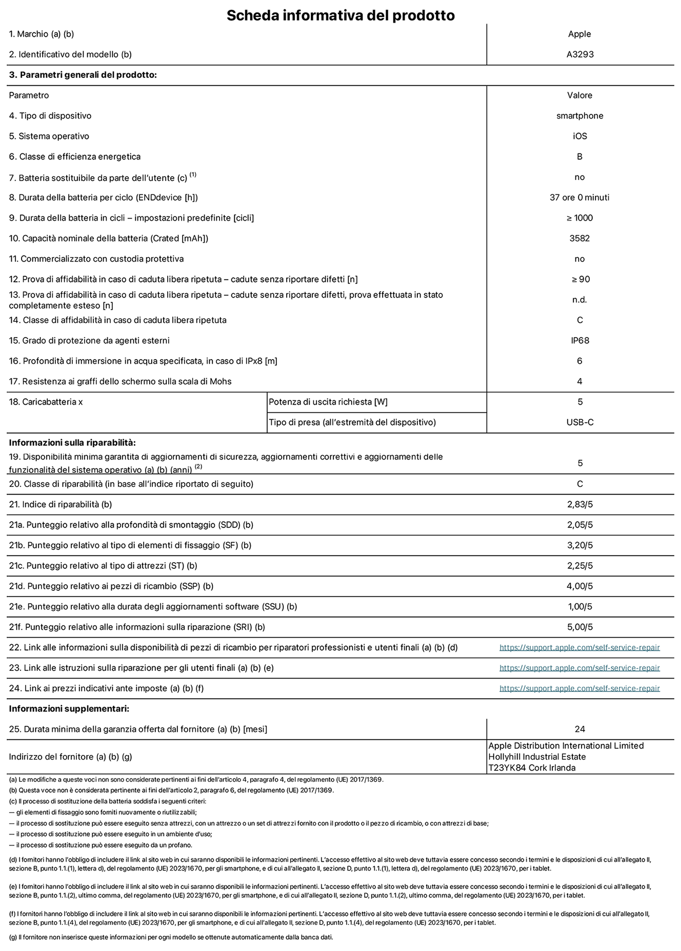 Scheda informativa del prodotto per iPhone 16 Pro, modello A3293. Fornito da Apple Distribution International Limited, Hollyhill Industrial Estate, T23 YK84 Cork, Irlanda. Tipo di dispositivo: smartphone. Sistema operativo: iOS. Classe di efficienza energetica: B. Batteria sostituibile da parte dell’utente: no. Durata della batteria per ciclo: 37 ore. Durata della batteria in cicli (impostazioni predefinite): maggiore o uguale a 1000. Capacità nominale della batteria: 3582 mAh. Commercializzato con custodia protettiva: no. Prova di affidabilità in caso di caduta libera ripetuta (cadute senza riportare difetti): maggiore o uguale a 90. Prova di affidabilità in caso di caduta libera ripetuta (cadute senza riportare difetti, prova effettuata in stato completamente esteso): non disponibile. Classe di affidabilità nel caso di caduta libera ripetuta: C. Grado di protezione da agenti esterni: IP68. Profondità di immersione in acqua specificata, in caso di IPx8: 6 metri. Resistenza ai graffi dello schermo sulla scala di Mohs: 4. Potenza di uscita richiesta per il caricabatterie: 5W. Tipo di presa per il caricabatterie (all’estremità del dispositivo): USB-C. Disponibilità minima garantita di aggiornamenti di sicurezza, aggiornamenti correttivi e aggiornamenti delle funzionalità del sistema operativo: 5 anni. Classe di riparabilità: C. Indice di riparabilità: 2,83 su 5. Punteggio relativo alla profondità di smontaggio (SDD): 2,05 su 5. Punteggio relativo al tipo di elementi di fissaggio: 3,20 su 5. Punteggio relativo al tipo di attrezzi: 2,25 su 5. Punteggio relativo ai pezzi di ricambio: 4,00 su 5. Punteggio relativo alla durata degli aggiornamenti software: 1,00 su 5. Punteggio relativo alle informazioni sulla riparazione: 5,00 su 5. Link alle informazioni sulla disponibilità di pezzi di ricambio per riparatori professionisti e utenti finali: https://ancillary-proxy.atarimworker.io?url=https%3A%2F%2Fsupport.apple.com%2Fself-service-repair. Link alle istruzioni sulla riparazione per gli utenti finali: https://ancillary-proxy.atarimworker.io?url=https%3A%2F%2Fsupport.apple.com%2Fself-service-repair. Link ai prezzi indicativi ante imposte: https://ancillary-proxy.atarimworker.io?url=https%3A%2F%2Fsupport.apple.com%2Fself-service-repair. È prevista una garanzia generale di 24 mesi.