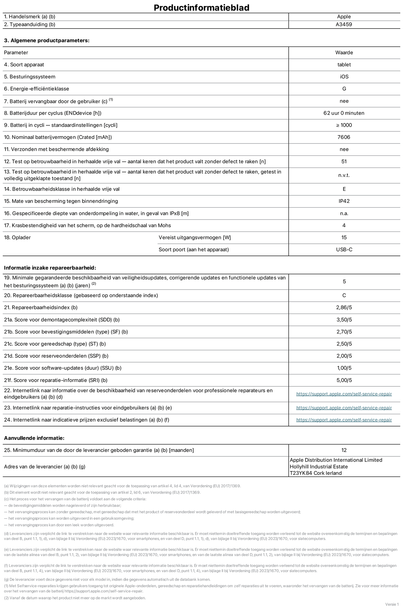 Productinformatieblad voor 11‑inch iPad Air (Wi‑Fi), model A3459. Verstrekt door Apple Distribution International Limited, Hollyhill Industrial Estate. Cork, Ierland, T23 YK84. Type device: tablet. Besturingssysteem: iOS. Energie-efficiëntieklasse: G. Batterij door de gebruiker te vervangen: nee. Batterijduur per cyclus: 62 uur. Batterijduur in cycli, standaardinstellingen: groter dan of gelijk aan 1000. Nominale batterijcapaciteit: 7606 mAh. Geleverd met beschermhoesje: nee. Herhaalde betrouwbaarheidstest voor vrije val, valpartijen zonder defect: 51. Herhaalde betrouwbaarheidstest voor vrije val, valpartijen zonder defect getest in volledig verlengde staat: niet van toepassing. Herhaalde vrije val betrouwbaarheidsklasse: E. Beschermingsklasse: IP42. Gespecificeerde dompeldiepte in water, in geval van iPx8: niet van toepassing. Krasbestendigheid van het scherm op de hardheidsschaal van Mohs: 4. Uitgangsvermogen vereist voor oplader: 15 watt. Type opladeraansluiting (aan het uiteinde van het device): USB‑C. Minimale gegarandeerde beschikbaarheid van beveiligingsupdates van het besturingssysteem, corrigerende updates en functionaliteitsupdates: 5 jaar. Repareerbaarheidsklasse: C. Repareerbaarheidsindex: 2,86/5. Score demontagediepte (SDD): 3,50/5. Score sluitingen: 2,70/5. Gereedschapsscore: 2,50/5. Score reserveonderdelen: 2,00/5. Score software-updates: 1,00/5. Score reparatiegegevens: 5,00/5. Weblink naar informatie over de beschikbaarheid van reserveonderdelen voor professionele reparaties en eindgebruikers: https://ancillary-proxy.atarimworker.io?url=https%3A%2F%2Fsupport.apple.com%2Fself-service-repair. Weblink voor reparatie-instructies voor eindgebruikers: https://ancillary-proxy.atarimworker.io?url=https%3A%2F%2Fsupport.apple.com%2Fself-service-repair. Weblink naar indicatieve prijzen vóór belasting: https://ancillary-proxy.atarimworker.io?url=https%3A%2F%2Fsupport.apple.com%2Fself-service-repair. Inclusief 12 maanden algemene garantie.