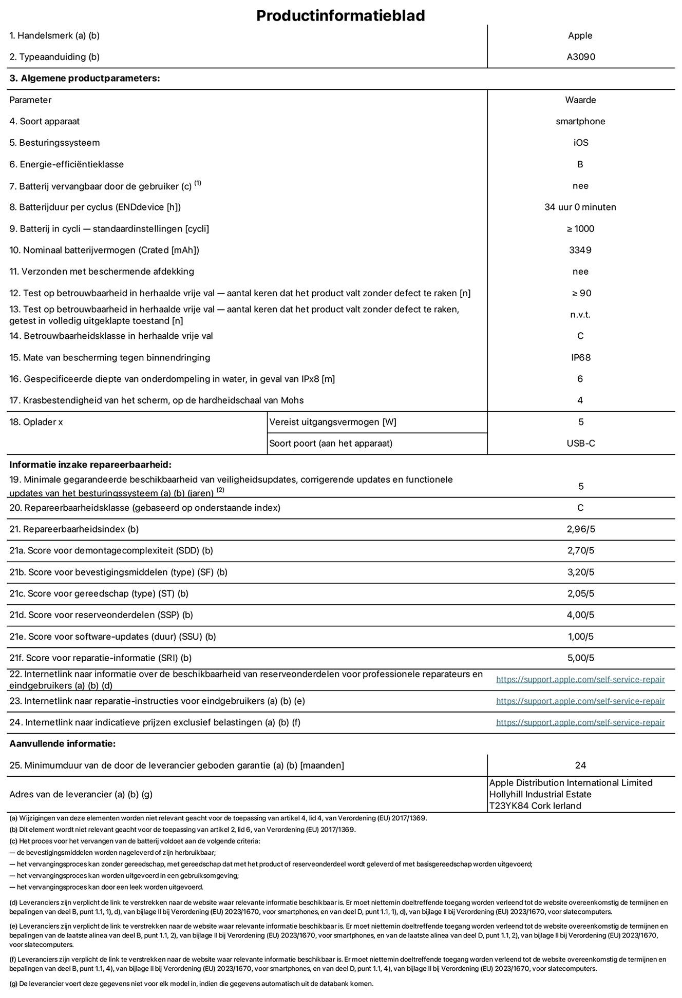 Productinformatieblad voor iPhone 15, model A3090. Verstrekt door Apple Distribution International Limited, Hollyhill Industrial Estate. Cork, Ierland T23 YK84. Type device: smartphone. Besturingssysteem: iOS. Energie-efficiëntieklasse: B. Batterij door de gebruiker te vervangen: nee. Batterijduur per cyclus: 34 uur. Batterijduur in cycli, standaardinstellingen: ≥ 1000. Nominale batterijcapaciteit: 3349 mAh. Geleverd met beschermhoes: nee. Herhaalde betrouwbaarheidstest voor vrije val, valt zonder defect: ≥ 90. Herhaalde betrouwbaarheidstest voor vrije val, valpartijen zonder defect getest in volledig verlengde staat: niet van toepassing. Herhaalde vrije val in betrouwbaarheidsklasse: C. Beschermingsklasse: IP68. Gespecificeerde dompeldiepte van water, in het geval van iPx8: 6. Krasbestendigheid van het scherm op de hardheidsschaal van Mohs: 4. Uitgangsvermogen vereist voor oplader: 5W. Type opladeraansluiting (aan het uiteinde van het apparaat): USB-C. Minimale gegarandeerde beschikbaarheid van beveiligingsupdates van het besturingssysteem, corrigerende updates en functionaliteitsupdates: 5 jaar. Herstelbaarheidsklasse: C. Herstelbaarheidsindex: 2,96/5. Score demontagediepte (SDD): 2,70/5. Score sluitingen: 3,20/5. Gereedschapsscore: 2,05/5. Reservedeelscore: 4,00/5. Score software-updates: 1,00/5. Score reparatiegegevens: 5,00/5. Weblink naar informatie over de beschikbaarheid van reserveonderdelen voor professionele reparaties en eindgebruikers: https://ancillary-proxy.atarimworker.io?url=https%3A%2F%2Fsupport.apple.com%2Fself-service-repair. Weblink voor reparatie-instructies voor eindgebruikers: https://ancillary-proxy.atarimworker.io?url=https%3A%2F%2Fsupport.apple.com%2Fself-service-repair. Weblink naar indicatieve prijzen vóór belasting: https://ancillary-proxy.atarimworker.io?url=https%3A%2F%2Fsupport.apple.com%2Fself-service-repair. Inclusief 24 maanden algemene garantie. 