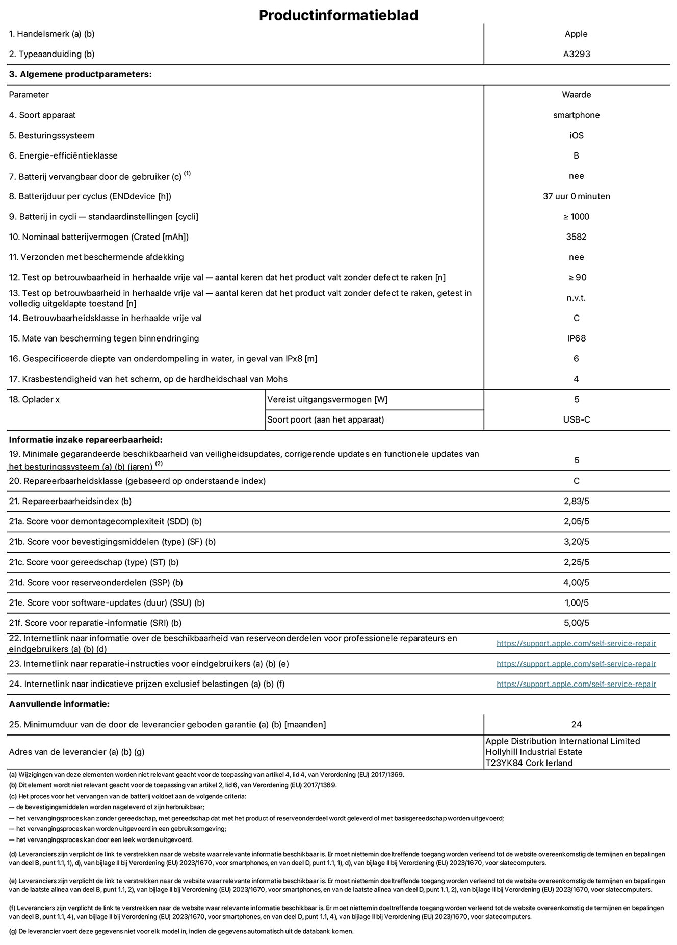 Productinformatieblad voor iPhone 16 Pro, model A3293. Verstrekt door Apple Distribution International Limited, Hollyhill Industrial Estate. Cork, Ierland T23 YK84. Type device: smartphone. Besturingssysteem: iOS. Energie-efficiëntieklasse: B. Batterij door de gebruiker te vervangen: nee. Batterijduur per cyclus: 37 uur. Batterijduur in cycli, standaardinstellingen: ≥ 1000. Nominale batterijcapaciteit: 3582 mAh. Geleverd met beschermhoes: nee. Herhaalde betrouwbaarheidstest voor vrije val, valt zonder defect: ≥ 90. Herhaalde betrouwbaarheidstest voor vrije val, valpartijen zonder defect getest in volledig verlengde staat: niet van toepassing. Herhaalde vrije val in betrouwbaarheidsklasse: C. Beschermingsklasse: IP68. Gespecificeerde dompeldiepte van water, in het geval van iPx8: 6. Krasbestendigheid van het scherm op de hardheidsschaal van Mohs: 4. Uitgangsvermogen vereist voor oplader: 5W. Type opladeraansluiting (aan het uiteinde van het apparaat): USB-C. Minimale gegarandeerde beschikbaarheid van beveiligingsupdates van het besturingssysteem, corrigerende updates en functionaliteitsupdates: 5 jaar. Herstelbaarheidsklasse: C. Herstelbaarheidsindex: 2,83/5. Score demontagediepte (SDD): 2,05/5. Score sluitingen: 3,20/5. Gereedschapsscore: 2,25/5. Reservedeelscore: 4,00/5. Score software-updates: 1,00/5. Score reparatiegegevens: 5,00/5. Weblink naar informatie over de beschikbaarheid van reserveonderdelen voor professionele reparaties en eindgebruikers: https://ancillary-proxy.atarimworker.io?url=https%3A%2F%2Fsupport.apple.com%2Fself-service-repair. Weblink voor reparatie-instructies voor eindgebruikers: https://ancillary-proxy.atarimworker.io?url=https%3A%2F%2Fsupport.apple.com%2Fself-service-repair. Weblink naar indicatieve prijzen vóór belasting: https://ancillary-proxy.atarimworker.io?url=https%3A%2F%2Fsupport.apple.com%2Fself-service-repair. Inclusief 24 maanden algemene garantie.
