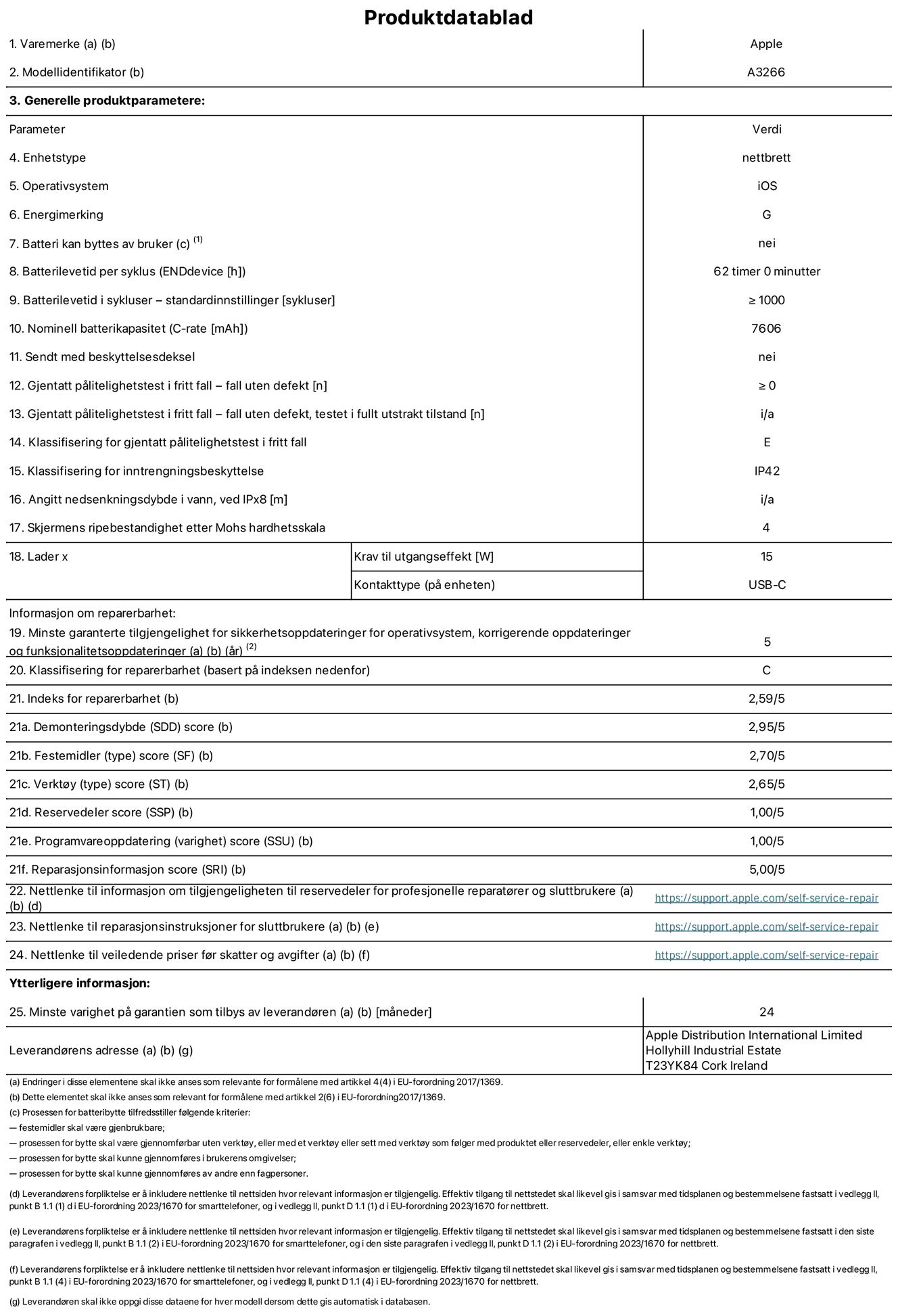Produktdatablad for 11-tommers iPad Air Wi‑Fi – modell A3266. Levert av Apple UK Ltd, 100 New Bridge Street, London EC4V 6JA. Enhetstype: nettbrett. Operativsystem: iOS. Energieffektivitetsklasse for standard dynamisk omfang: G. Batteriets holdbarhet: 62 timer. Batteriets holdbarhet i antall ladesykluser: ≥ 1000. Nominell batterikapasitet: 7606 mAh. Holdbarhetstest ved gjentatte fall – antall fall uten feil: ≥ 0. Holdbarhetsklasse ved gjentatte fall: E. Kapslingsgrad: IP42. Skjermens ripefasthet på Mohs skala: 4. Krav til laderens utgangseffekt: 15 watt. Laderens stikkontakt: USB-C. Minstegaranti for tilgang på sikkerhetsoppdateringer, feilrettinger og funksjonsoppdateringer til operativsystemet: 5 år. Reparerbarhetsklasse: C. Reparerbarhetsindeks: 2,59/5. Demontering: 2,95/5. Festeanordninger (type): 2,70/5. Verktøy: 2,65/5. Reservedeler: 1,00/5. Programvareoppdateringer: 1,00/5. Informasjon om reparasjon: 5,00/5. Lenke til informasjon om tilgjengelighet for reservedeler for profesjonelle reparatører og sluttbrukere: https://ancillary-proxy.atarimworker.io?url=https%3A%2F%2Fsupport.apple.com%2Fself-service-repair. Lenke til reparasjonsveiledning for sluttbrukere: https://ancillary-proxy.atarimworker.io?url=https%3A%2F%2Fsupport.apple.com%2Fself-service-repair. Lenke til veiledende priser ekskl. mva: https://ancillary-proxy.atarimworker.io?url=https%3A%2F%2Fsupport.apple.com%2Fself-service-repair. Produktet omfattes av en 24-måneders generell garanti.