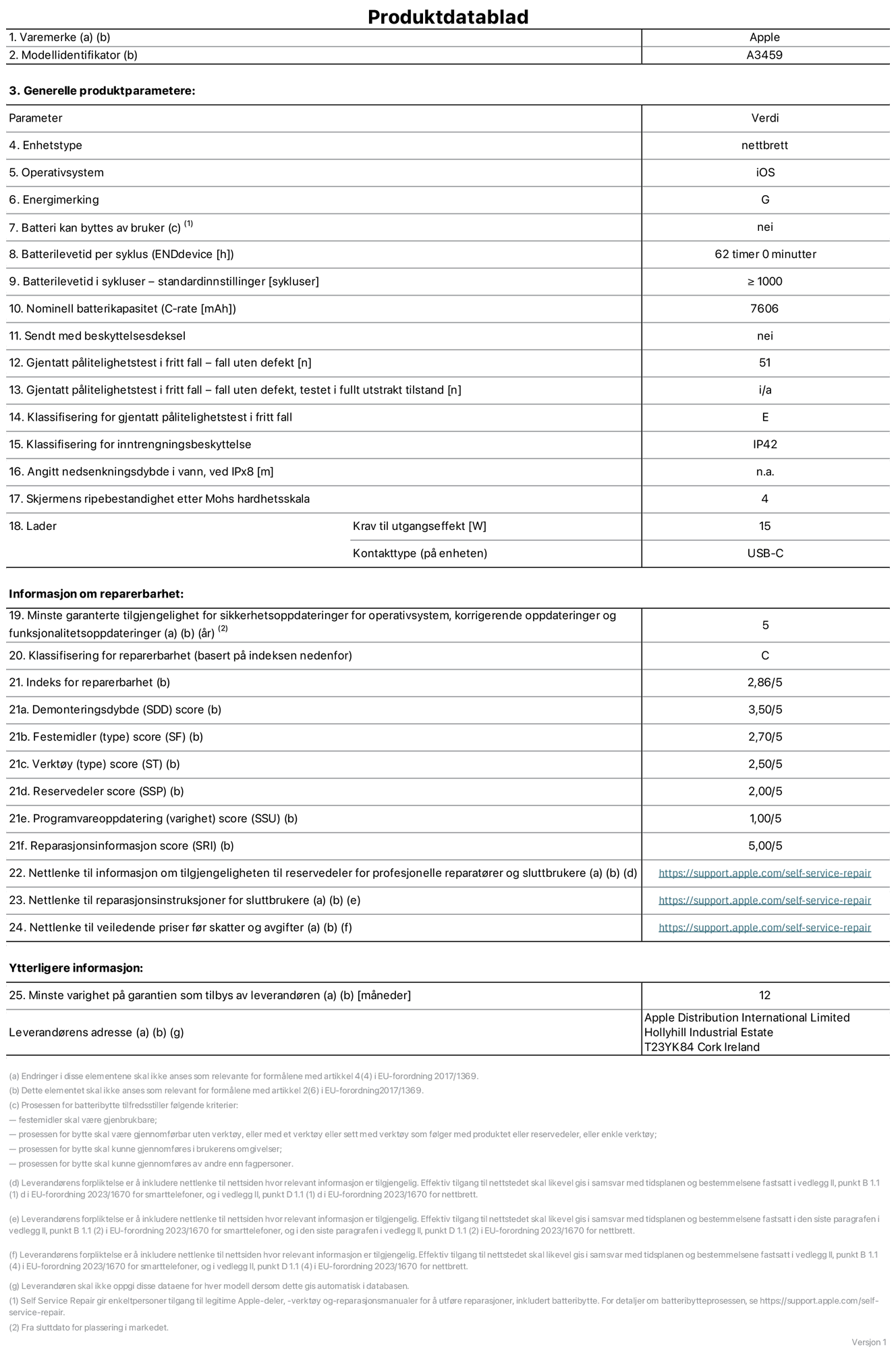 Produktdatablad for 11-tommers iPad Air Wi‑Fi – modell A3459. Levert av Apple Distribution International Limited, Hollyhill Industrial Estate. Cork, Irland, T23 YK84. Enhetstype: nettbrett. Operativsystem: iOS. Energieffektivitetsklasse: G. Batteriet kan byttes av brukeren: nei. Batteriets holdbarhet per ladesyklus: 62 timer. Batteriets holdbarhet i antall ladesykluser – standardinnstillinger: større enn eller lik 1000. Nominell batterikapasitet: 7606 mAh Leveres med beskyttelsesdeksel: nei. Holdbarhetstest ved gjentatte fall – antall fall uten feil: 51. Holdbarhetstest ved gjentatte fall – antall fall uten feil i helt utfoldet tilstand: ikke relevant. Holdbarhetsklasse ved gjentatte fall: E. Kapslingsgrad: IP42. Angitt nedsenkingsdybde i vann ved IPx8: ikke relevant. Skjermens ripefasthet på Mohs skala: 4. Krav til laderens utgangseffekt: 15 watt. Laderens stikkontakt (på enhetssiden): USB‑C. Minstegaranti for tilgang på sikkerhetsoppdateringer, feilrettinger og funksjonsoppdateringer til operativsystemet: 5 år. Reparerbarhetsklasse: C. Reparerbarhetsindeks: 2,86/5. Demontering: 3,50/5. Festeanordninger: 2,70/5. Verktøy: 2,50/5. Reservedeler: 2,00/5. Programvareoppdateringer: 1,00/5. Informasjon om reparasjon: 5,00/5. Lenke til informasjon om tilgjengelighet for reservedeler for profesjonelle reparatører og sluttbrukere: https://ancillary-proxy.atarimworker.io?url=https%3A%2F%2Fsupport.apple.com%2Fself-service-repair. Lenke til reparasjonsveiledning for sluttbrukere: https://ancillary-proxy.atarimworker.io?url=https%3A%2F%2Fsupport.apple.com%2Fself-service-repair. Lenke til veiledende priser ekskl. mva: https://ancillary-proxy.atarimworker.io?url=https%3A%2F%2Fsupport.apple.com%2Fself-service-repair. Produktet omfattes av en 12-måneders generell garanti.