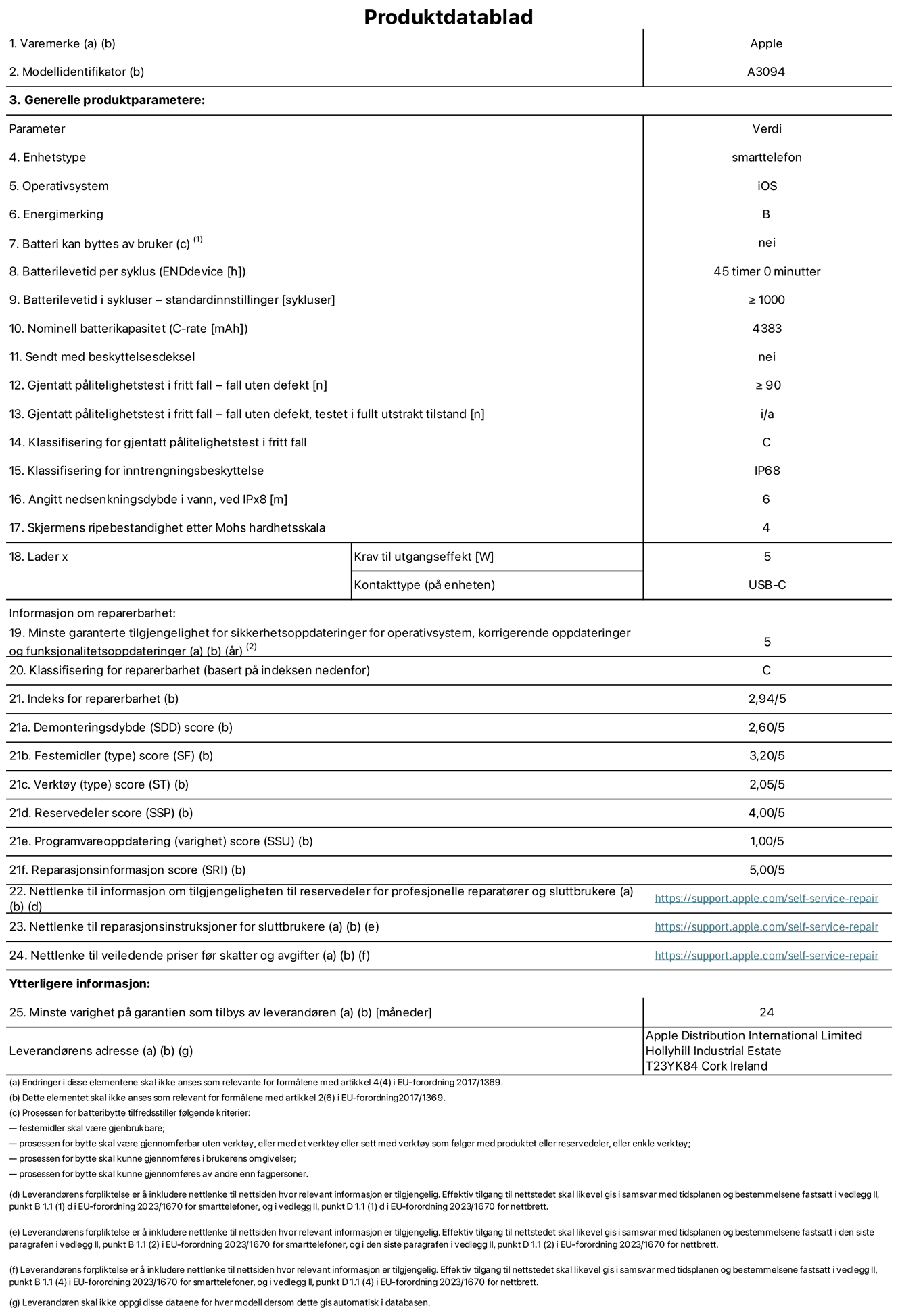 Produktdatablad for iPhone 15 Plus – modell A3094. Levert av Apple Distribution International Limited, Hollyhill Industrial Estate. Cork, Irland T23 YK84. Enhetstype: smarttelefon. Operativsystem: iOS. Energieffektivitetsklasse: B. Batteriet kan byttes av brukeren: nei. Batteriets holdbarhet per ladesyklus: 45 timer. Batteriets holdbarhet i antall ladesykluser – standardinnstillinger: ≥ 1000. Nominell batterikapasitet: 4383 mAh. Leveres med beskyttelsesdeksel: nei. Holdbarhetstest ved gjentatte fall – antall fall uten feil: ≥ 90. Holdbarhetstest ved gjentatte fall – antall fall uten feil i helt utfoldet tilstand: ikke relevant. Holdbarhetsklasse ved gjentatte fall: C. Kapslingsgrad: IP68. Angitt nedsenkingsdybde i vann ved IPx8: 6. Skjermens ripefasthet på Mohs skala: 4. Krav til laderens utgangseffekt: 5 watt. Laderens stikkontakt (på enhetssiden): USB-C. Minstegaranti for tilgang på sikkerhetsoppdateringer, feilrettinger og funksjonsoppdateringer til operativsystemet: 5 år. Reparerbarhetsklasse: C. Reparerbarhetsindeks: 2,94/5. Demontering: 2,60/5. Festeanordninger: 3,20/5. Verktøy: 2,05/5. Reservedeler: 4,00/5. Programvareoppdateringer: 1,00/5. Informasjon om reparasjon: 5,00/5. Lenke til informasjon om tilgjengelighet for reservedeler for profesjonelle reparatører og sluttbrukere: https://ancillary-proxy.atarimworker.io?url=https%3A%2F%2Fsupport.apple.com%2Fself-service-repair. Lenke til reparasjonsveiledning for sluttbrukere: https://ancillary-proxy.atarimworker.io?url=https%3A%2F%2Fsupport.apple.com%2Fself-service-repair. Lenke til veiledende priser ekskl. mva: https://ancillary-proxy.atarimworker.io?url=https%3A%2F%2Fsupport.apple.com%2Fself-service-repair. Produktet omfattes av en 24-måneders generell garanti.