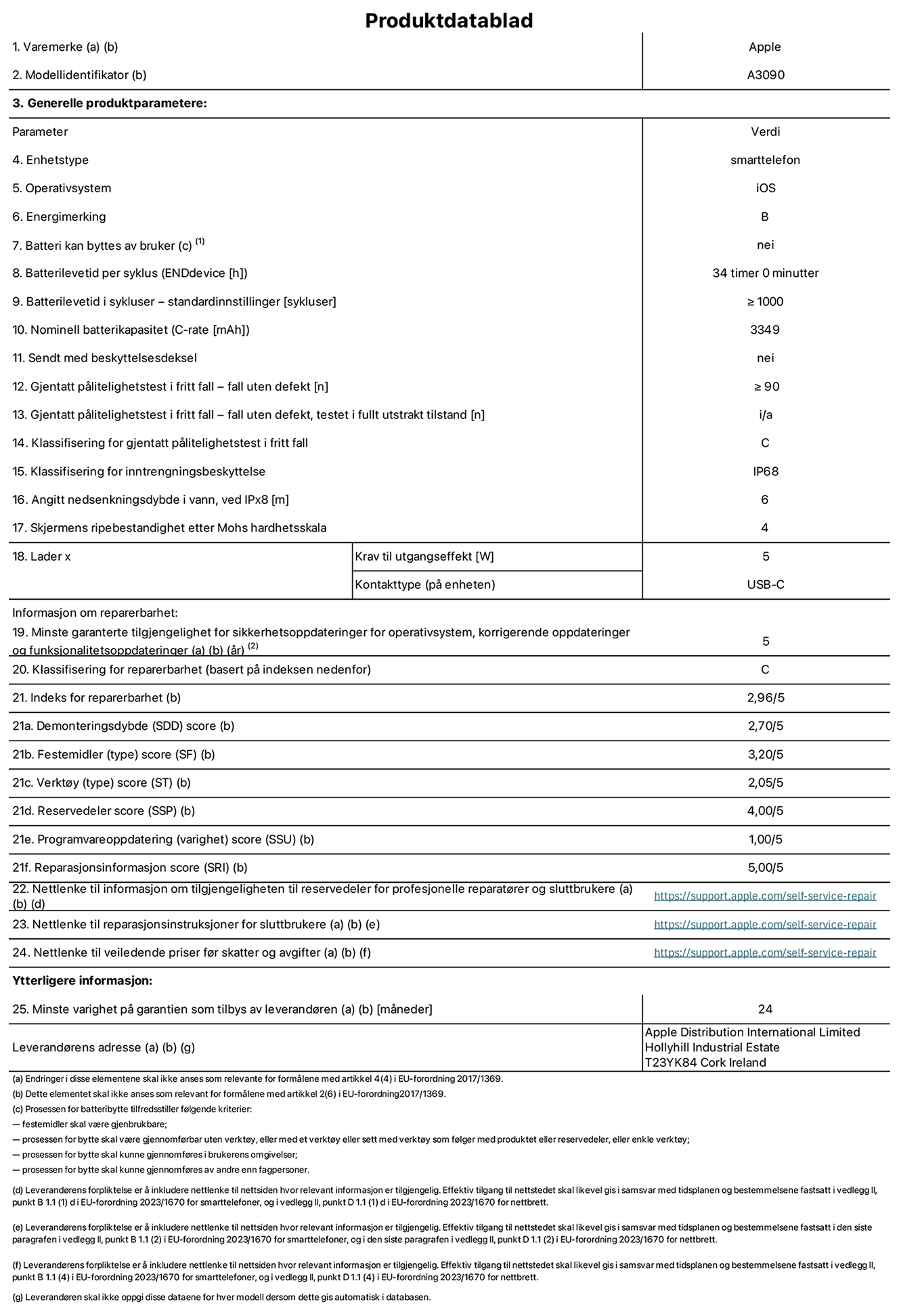 Produktdatablad for iPhone 15 – modell A3090. Levert av Apple Distribution International Limited, Hollyhill Industrial Estate. Cork, Irland T23 YK84. Enhetstype: smarttelefon. Operativsystem: iOS. Energieffektivitetsklasse: B. Batteriet kan byttes av brukeren: nei. Batteriets holdbarhet per ladesyklus: 34 timer. Batteriets holdbarhet i antall ladesykluser – standardinnstillinger: ≥ 1000. Nominell batterikapasitet: 3349 mAh. Leveres med beskyttelsesdeksel: nei. Holdbarhetstest ved gjentatte fall – antall fall uten feil: ≥ 90. Holdbarhetstest ved gjentatte fall – antall fall uten feil i helt utfoldet tilstand: ikke relevant. Holdbarhetsklasse ved gjentatte fall: C. Kapslingsgrad: IP68. Angitt nedsenkingsdybde i vann ved IPx8: 6. Skjermens ripefasthet på Mohs skala: 4. Krav til laderens utgangseffekt: 5 watt. Laderens stikkontakt (på enhetssiden): USB-C. Minstegaranti for tilgang på sikkerhetsoppdateringer, feilrettinger og funksjonsoppdateringer til operativsystemet: 5 år. Reparerbarhetsklasse: C. Reparerbarhetsindeks: 2,96/5. Demontering: 2,70/5. Festeanordninger: 3,20/5. Verktøy: 2,05/5. Reservedeler: 4,00/5. Programvareoppdateringer: 1,00/5. Informasjon om reparasjon: 5,00/5. Lenke til informasjon om tilgjengelighet for reservedeler for profesjonelle reparatører og sluttbrukere: https://ancillary-proxy.atarimworker.io?url=https%3A%2F%2Fsupport.apple.com%2Fself-service-repair. Lenke til reparasjonsveiledning for sluttbrukere: https://ancillary-proxy.atarimworker.io?url=https%3A%2F%2Fsupport.apple.com%2Fself-service-repair. Lenke til veiledende priser ekskl. mva: https://ancillary-proxy.atarimworker.io?url=https%3A%2F%2Fsupport.apple.com%2Fself-service-repair. Produktet omfattes av en 24-måneders generell garanti.