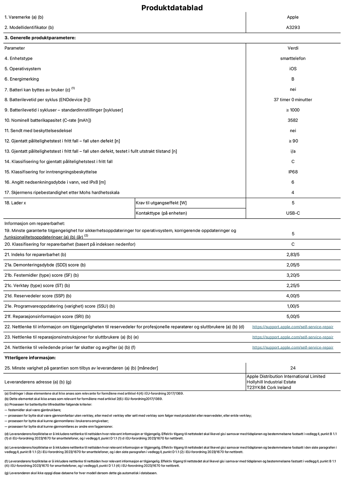 Produktdatablad for iPhone 16 Pro – modell A3293. Levert av Apple Distribution International Limited, Hollyhill Industrial Estate. Cork, Irland T23 YK84. Enhetstype: smarttelefon. Operativsystem: iOS. Energieffektivitetsklasse: B. Batteriet kan byttes av brukeren: nei. Batteriets holdbarhet per ladesyklus: 37 timer. Batteriets holdbarhet i antall ladesykluser – standardinnstillinger: ≥ 1000. Nominell batterikapasitet: 3582 mAh. Leveres med beskyttelsesdeksel: nei. Holdbarhetstest ved gjentatte fall – antall fall uten feil: ≥ 90. Holdbarhetstest ved gjentatte fall – antall fall uten feil i helt utfoldet tilstand: ikke aktuelt. Holdbarhetsklasse ved gjentatte fall: C. Kapslingsgrad: IP68. Angitt nedsenkingsdybde i vann ved IPx8: 6. Skjermens ripefasthet på Mohs skala: 4. Krav til laderens utgangseffekt: 5 watt. Laderens stikkontakt (på enhetssiden): USB-C. Minstegaranti for tilgang på sikkerhetsoppdateringer, feilrettinger og funksjonsoppdateringer til operativsystemet: 5 år. Reparerbarhetsklasse: C. Reparerbarhetsindeks: 2,83/5. Demontering: 2,05/5. Festeanordninger: 3,20/5. Verktøy: 2,25/5. Reservedeler: 4,00/5. Programvareoppdateringer: 1,00/5. Informasjon om reparasjon: 5,00/5. Lenke til informasjon om tilgjengelighet for reservedeler for profesjonelle reparatører og sluttbrukere: https://ancillary-proxy.atarimworker.io?url=https%3A%2F%2Fsupport.apple.com%2Fself-service-repair. Lenke til reparasjonsveiledning for sluttbrukere: https://ancillary-proxy.atarimworker.io?url=https%3A%2F%2Fsupport.apple.com%2Fself-service-repair. Lenke til veiledende priser ekskl. mva: https://ancillary-proxy.atarimworker.io?url=https%3A%2F%2Fsupport.apple.com%2Fself-service-repair. Produktet omfattes av en 24-måneders generell garanti.