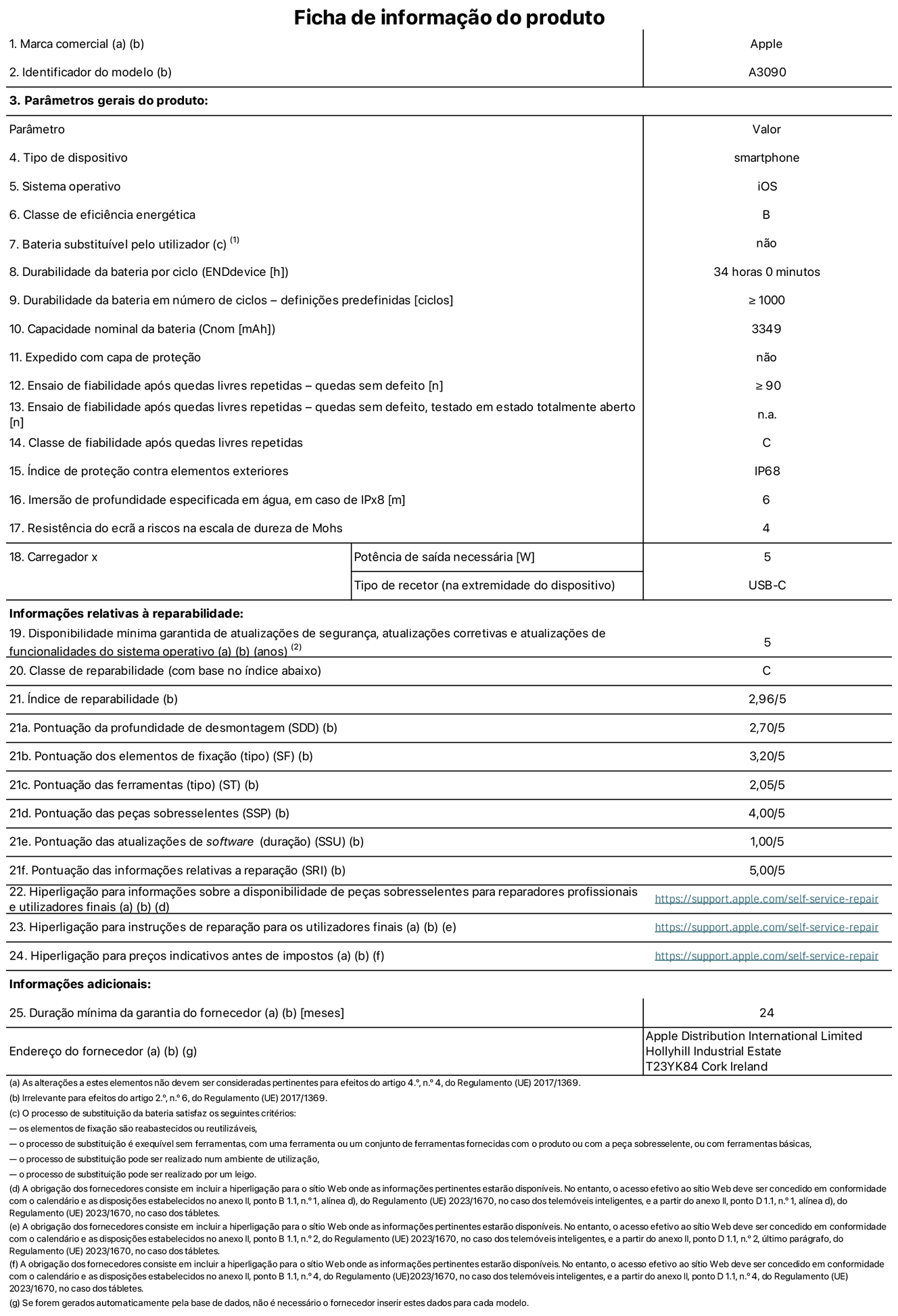 Folha de informações do produto para o iPhone 15, modelo A3090. Fornecido pela Apple Distribution International Limited, Hollyhill Industrial Estate. Cork, Irlanda T23 YK84. Tipo de dispositivo: smartphone. Sistema operativo: iOS. Classe de eficiência energética: B. Bateria substituível pelo utilizador: não. Autonomia da bateria por ciclo: 34 horas. Autonomia da bateria em ciclos - pré‑configurações: ≥ 1000. Capacidade nominal da bateria: 3349 mAh. Enviado com capa protetora: não. Teste de fiabilidade após quedas livres repetidas - quedas sem defeito: ≥ 90. Teste de fiabilidade após quedas livres repetidas - quedas sem defeito testadas no estado totalmente aberto: não aplicável. Classe de fiabilidade após quedas livres repetidas: C. Índice de proteção contra elementos exteriores: IP68. Imersão de profundidade especificada em água, em caso de IPx8: 6. Resistência do ecrã a riscos na escala de dureza de Mohs: 4. Potência de saída necessária do carregador: 5 W. Tipo de recetor do carregador (na extremidade do dispositivo): USB-C. Disponibilidade mínima garantida de atualizações de segurança, atualizações corretivas e atualizações de funcionalidades do sistema operativo: 5 anos. Classe de reparabilidade: C. Índice de reparabilidade: 2,96/5. Pontuação da profundidade de desmontagem (SDD): 2,70/5. Pontuação dos elementos de fixação: 3,20/5. Pontuação das ferramentas: 2,05/5. Pontuação das peças sobresselentes: 4,00/5. Pontuação das atualizações de software: 1,00/5. Pontuação das informações relativas a reparação: 5,00/5. Hiperligação para informações sobre a disponibilidade de peças sobresselentes para reparadores profissionais e utilizadores finais: https://ancillary-proxy.atarimworker.io?url=https%3A%2F%2Fsupport.apple.com%2Fself-service-repair. Hiperligação para instruções de reparação para utilizadores finais: https://ancillary-proxy.atarimworker.io?url=https%3A%2F%2Fsupport.apple.com%2Fself-service-repair. Hiperligação para preços indicativos antes de impostos: https://ancillary-proxy.atarimworker.io?url=https%3A%2F%2Fsupport.apple.com%2Fself-service-repair. Oferta de garantia geral de 24 meses.