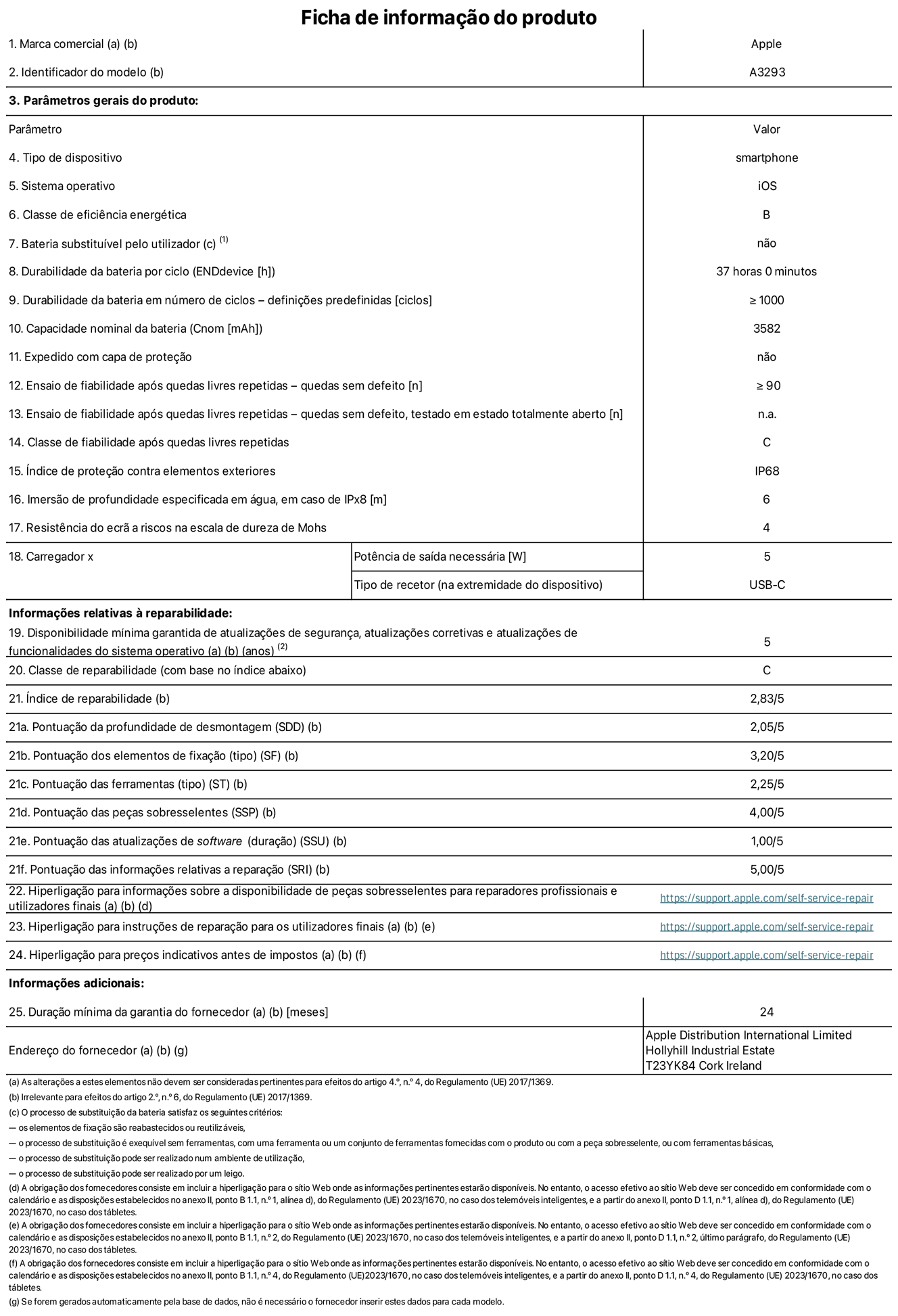 Folha de informações do produto para o iPhone 16 Pro, modelo A3293. Fornecido pela Apple Distribution International Limited, Hollyhill Industrial Estate. Cork, Irlanda T23 YK84. Tipo de dispositivo: smartphone. Sistema operativo: iOS. Classe de eficiência energética: B. Bateria substituível pelo utilizador: não. Autonomia da bateria por ciclo: 37 horas. Autonomia da bateria em ciclos - pré‑configurações: ≥ 1000. Capacidade nominal da bateria: 3582 mAh. Enviado com capa protetora: não. Teste de fiabilidade após quedas livres repetidas - quedas sem defeito: ≥ 90. Teste de fiabilidade após quedas livres repetidas - quedas sem defeito testadas no estado totalmente aberto: não aplicável. Classe de fiabilidade após quedas livres repetidas: C. Índice de proteção contra elementos exteriores: IP68. Imersão de profundidade especificada em água, em caso de IPx8: 6. Resistência do ecrã a riscos na escala de dureza de Mohs: 4. Potência de saída necessária do carregador: 5 W. Tipo de recetor do carregador (na extremidade do dispositivo): USB-C. Disponibilidade mínima garantida de atualizações de segurança, atualizações corretivas e atualizações de funcionalidades do sistema operativo: 5 anos. Classe de reparabilidade: C. Índice de reparabilidade: 2,83/5. Pontuação da profundidade de desmontagem (SDD): 2,05/5. Pontuação dos elementos de fixação: 3,20/5. Pontuação das ferramentas: 2,25/5. Pontuação das peças sobresselentes: 4,00/5. Pontuação das atualizações de software: 1,00/5. Pontuação das informações relativas a reparação: 5,00/5. Hiperligação para informações sobre a disponibilidade de peças sobresselentes para reparadores profissionais e utilizadores finais: https://ancillary-proxy.atarimworker.io?url=https%3A%2F%2Fsupport.apple.com%2Fself-service-repair. Hiperligação para instruções de reparação para utilizadores finais: https://ancillary-proxy.atarimworker.io?url=https%3A%2F%2Fsupport.apple.com%2Fself-service-repair. Hiperligação para preços indicativos antes de impostos: https://ancillary-proxy.atarimworker.io?url=https%3A%2F%2Fsupport.apple.com%2Fself-service-repair. Oferta de garantia geral de 24 meses.
