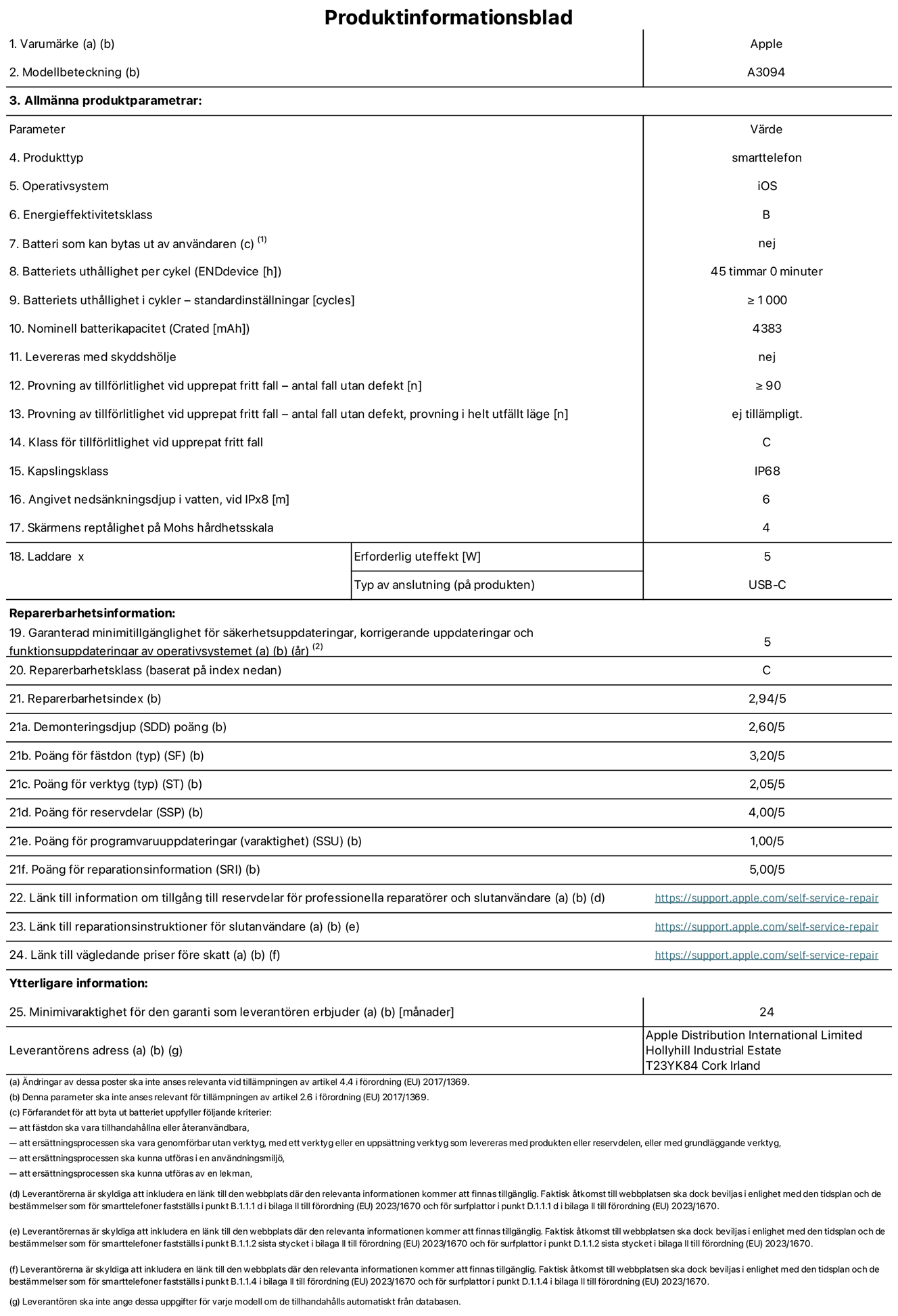 Produktinformationsblad för iPhone 15 Plus, modell A3094. Tillhandahålls av Apple Distribution International Limited, Hollyhill Industrial Estate. Cork, Irland T23 YK84. Enhetstyp: smartphone. Operativsystem: iOS. Energieffektivitetsklass: B. Batteri som kan bytas ut av användaren: nej. Batteritid per laddningscykel: 45 timmar. Batteriets livslängd i antal cykler – standardinställningar: ≥ 1000. Nominell batterikapacitet: 4383 mAh. Levereras med skyddsfodral: nej. Tillförlitlighetstest vid upprepat fritt fall – antal fall utan defekter: ≥ 90. Tillförlitlighetstest vid upprepat fritt fall – antal fall utan defekter testat i helt utfällt läge: ej tillämpligt. Tillförlitlighet vid upprepat fritt fall: klass C. IP-klass: IP68. Angivet nedsänkningsdjup vid iPx8: 6. Skärmens reptålighet enligt Mohs hårdhetsskala: 4. Laddare – uteffekt som krävs: 5 W. Typ av uttag på laddaren: usb-c. Garanterad minimiperiod för tillgång till säkerhetsuppdateringar, korrigerande uppdateringar och funktionsuppdateringar av operativsystemet: 5 år. Reparerbarhetsklass: C. Repararbarhetsindex: 2,94/5. Poäng för demonteringsdjup (SDD): 2,60/5. Poäng för fästen: 3,20/5. Poäng för verktyg: 2,05/5. Poäng för reservdelar: 4,00/5. Poäng för mjukvaruuppdateringar: 1,00/5. Poäng för reparationsinformation: 5,00/5. Länk till information om tillgängliga reservdelar för professionella reparatörer och slutanvändare: https://ancillary-proxy.atarimworker.io?url=https%3A%2F%2Fsupport.apple.com%2Fself-service-repair. Länk till reparationsanvisningar för slutanvändare: https://ancillary-proxy.atarimworker.io?url=https%3A%2F%2Fsupport.apple.com%2Fself-service-repair. Länk till vägledande priser före skatt: https://ancillary-proxy.atarimworker.io?url=https%3A%2F%2Fsupport.apple.com%2Fself-service-repair. Produkten omfattas av 24 månaders garanti.