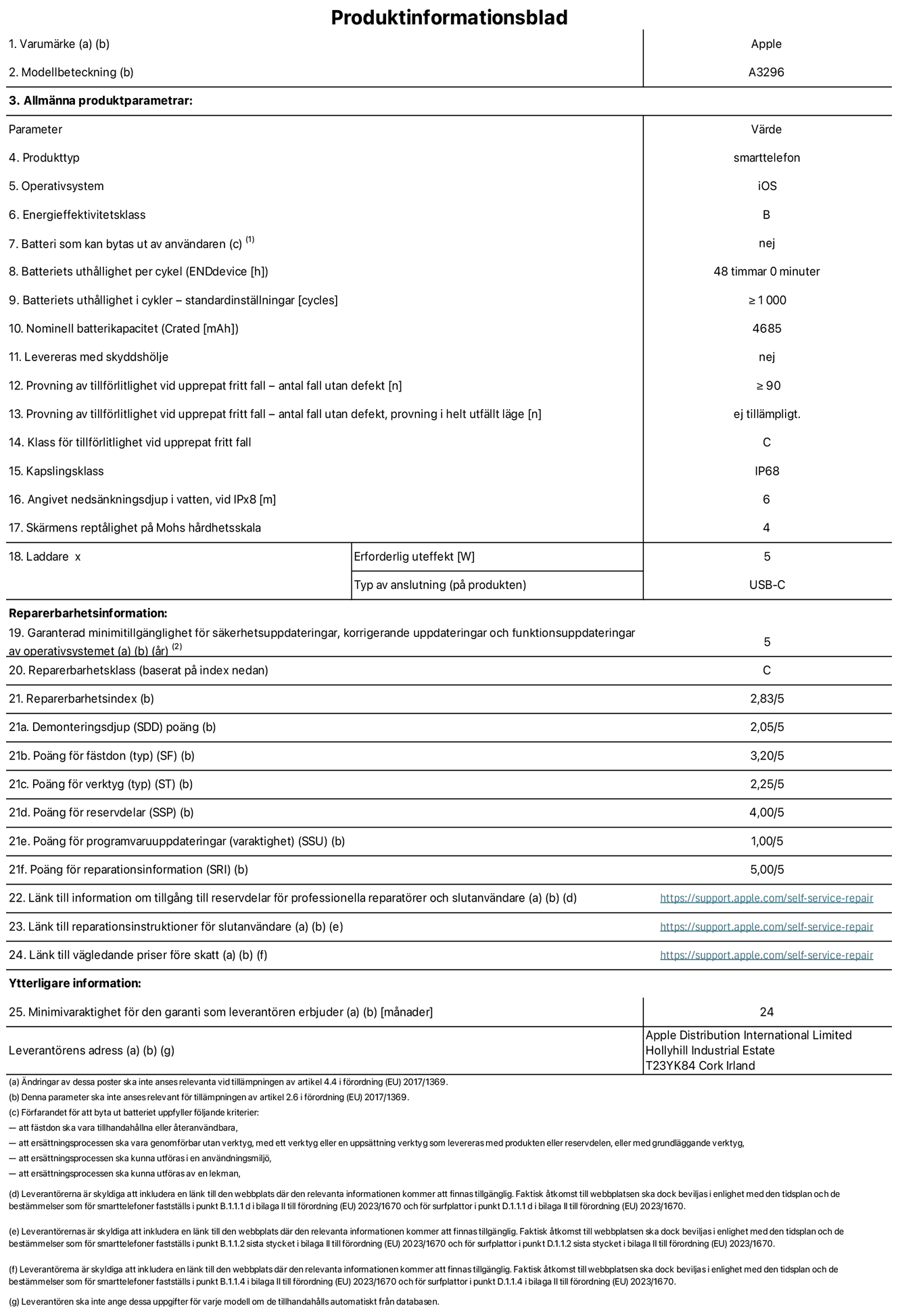 Produktinformationsblad för iPhone 16 Pro Max, modell A3296. Tillhandahålls av Apple Distribution International Limited, Hollyhill Industrial Estate. Cork, Irland T23 YK84. Enhetstyp: smartphone. Operativsystem: iOS. Energieffektivitetsklass: B. Batteri som kan bytas ut av användaren: nej. Batteritid per laddningscykel: 48 timmar. Batteriets livslängd i antal cykler – standardinställningar: ≥ 1000. Nominell batterikapacitet: 4685 mAh. Levereras med skyddsfodral: nej. Tillförlitlighetstest vid upprepat fritt fall – antal fall utan defekter: ≥ 90. Tillförlitlighetstest vid upprepat fritt fall – antal fall utan defekter testat i helt utfällt läge: ej tillämpligt. Tillförlitlighet vid upprepat fritt fall: klass C. IP-klass: IP68. Angivet nedsänkningsdjup i vatten vid iPx8: 6 meter. Skärmens reptålighet enligt Mohs hårdhetsskala: 4. Laddare – uteffekt som krävs: 5 W. Typ av uttag på laddaren: usb-c. Garanterad minimiperiod för tillgång till säkerhetsuppdateringar, korrigerande uppdateringar och funktionsuppdateringar av operativsystemet: 5 år. Reparerbarhetsklass: C. Reparerbarhetsindex: 2,83/5. Poäng för demonteringsdjup (SDD): 2,05/5. Poäng för fästen: 3,20/5. Poäng för verktyg: 1,00/5. Poäng för reservdelar: 4,00/5. Poäng för mjukvaruuppdateringar: 1,00/5. Poäng för reparationsinformation: 5,00/5. Länk till information om tillgängliga reservdelar för professionella reparatörer och slutanvändare: https://ancillary-proxy.atarimworker.io?url=https%3A%2F%2Fsupport.apple.com%2Fself-service-repair. Länk till reparationsanvisningar för slutanvändare: https://ancillary-proxy.atarimworker.io?url=https%3A%2F%2Fsupport.apple.com%2Fself-service-repair. Länk till vägledande priser före skatt: https://ancillary-proxy.atarimworker.io?url=https%3A%2F%2Fsupport.apple.com%2Fself-service-repair. Produkten omfattas av 24 månaders garanti.