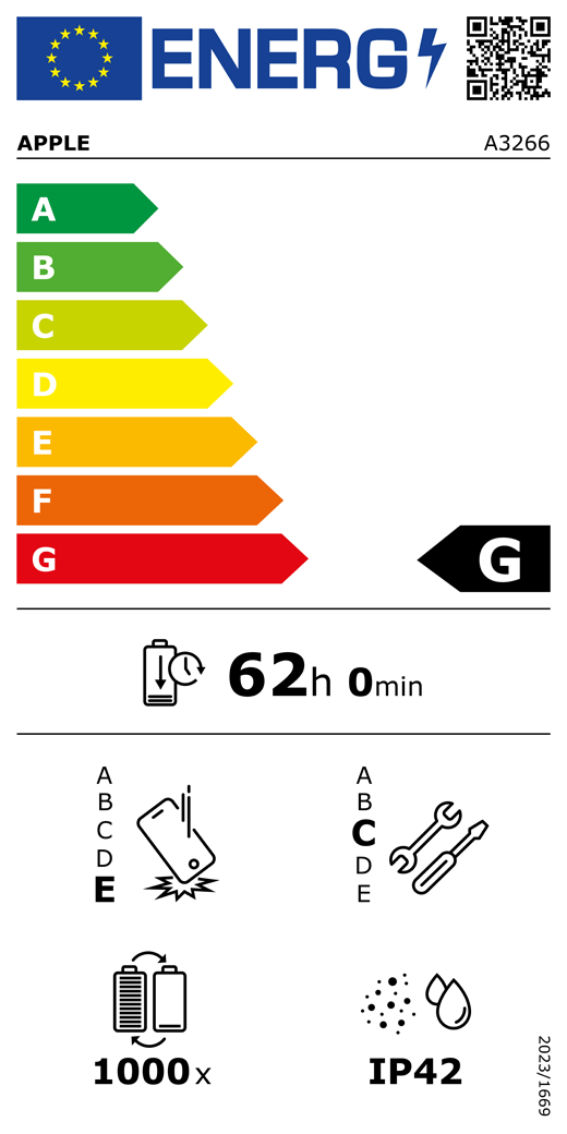 Código QR e información de la etiqueta energética de la UE, modelo A3266 de Apple, clase G, clases de eficiencia energética (con una escala de la A a la G), de la A (la más eficiente) a la G (la menos eficiente), duración de la batería por ciclo, 62 horas y 0 minutos por carga completa de la batería, fiabilidad en caídas repetidas de clase E, de la A (la más robusta) a la E (la menos robusta), reparabilidad de clase C, de la A (la más reparable) a la E (la menos reparable), 1.000 ciclos de carga de la batería, grado de protección contra la entrada de polvo y agua (IP) IP42, normativa 2023/1669
