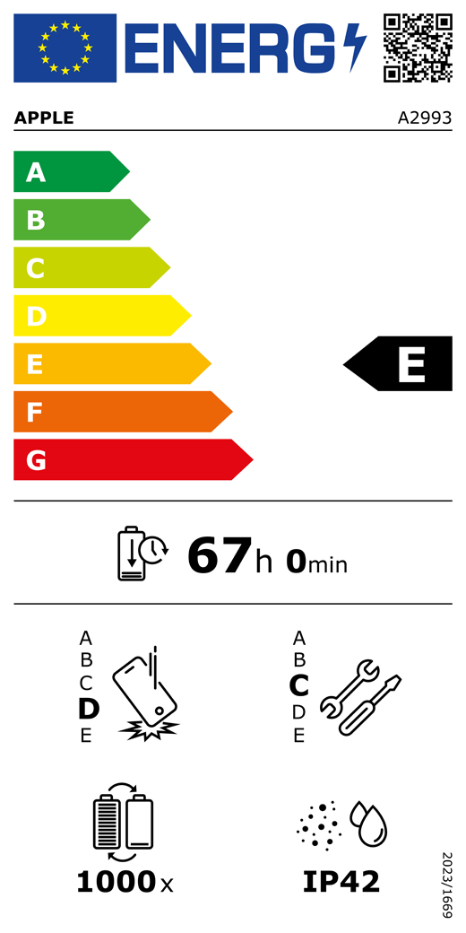 Código QR e información de la etiqueta energética de la UE, modelo A2993 de Apple, clase E, clases de eficiencia energética (con una escala de la A a la G), de la A (la más eficiente) a la G (la menos eficiente), duración de la batería por ciclo, 67 horas y 0 minutos por carga completa de la batería, fiabilidad en caídas repetidas de clase D, de la A (la más robusta) a la E (la menos robusta), reparabilidad de clase C, de la A (la más reparable) a la E (la menos reparable), 1.000 ciclos de carga de la batería, grado de protección contra la entrada de polvo y agua (IP) IP42, normativa 2023/1669