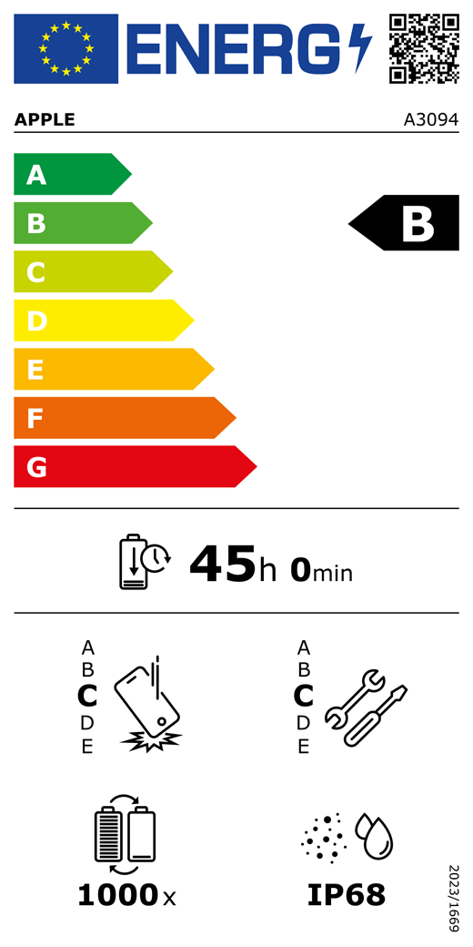EU-energielabel, QR-code en informatie, Apple model A3094, klasse B, energie-efficiëntieklassen (met schaal van A tot G), A (meest efficiënt) tot G (minst efficiënt), batterijduur per cyclus, 45 uur en 0 minuten per keer volledig opladen, betrouwbaarheidsklasse C bij herhaaldelijke vrije val, A (meest robuust) tot E (minst robuust), repareerbaarheidsklasse C, A (gemakkelijkst repareerbaar) tot E (moeilijkst repareerbaar), levensduur batterij 1000 cycli, classificatie IP68 voor bescherming tegen binnendringen van stof en water (IP), verordening 2023/1669