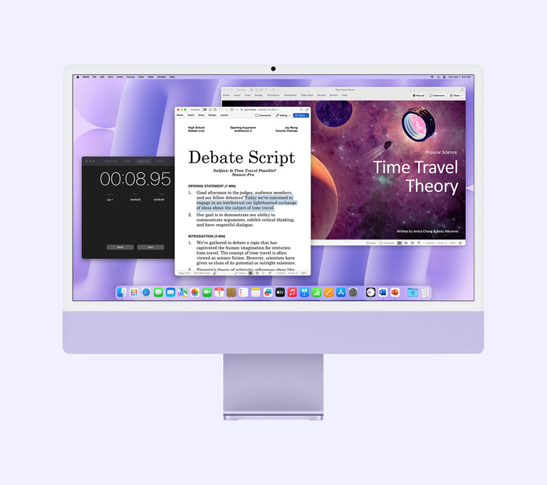Paarse iMac: Op het scherm zijn de apps Microsoft Word, Microsoft PowerPoint en Klok te zien.