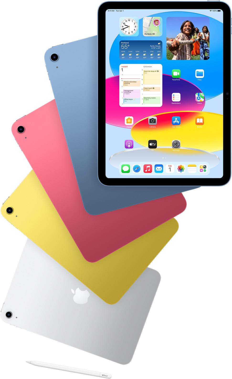 iPad sedd framifrån med hemskärmen, bakom den visas iPad-enheter i blått, rosa, gult och silver sedda bakifrån. Apple Pencil som ligger bredvid de ordnade iPad-modellerna.
