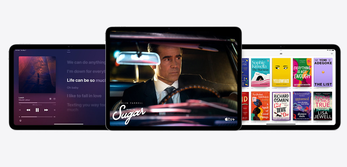 Deux iPad et un iPad Air montrent les apps Apple Music, Apple TV+ et Apple Books.