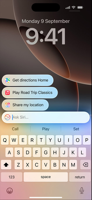 iPhone 16 Pro, der viser den redesignede Siri- og Skriv til Siri-funktionalitet.