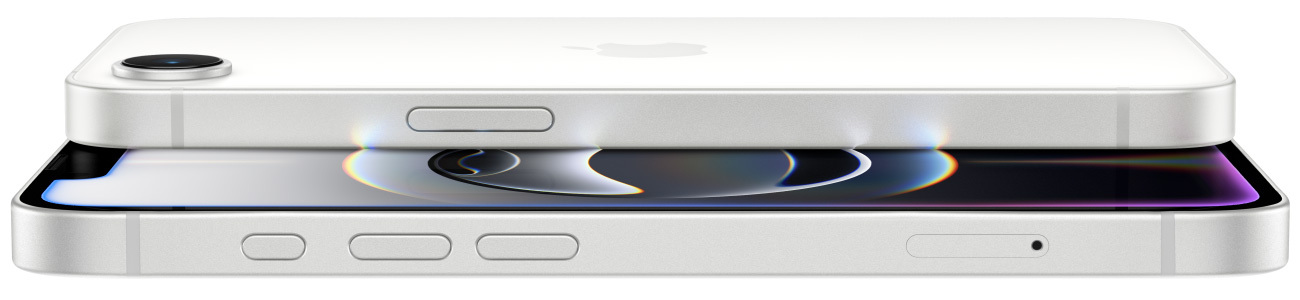 Animation von übereinanderliegenden iPhone 16e Modellen in Weiss mit Seitenansicht von Kamera, Retina Display, Actiontaste und Seitentaste