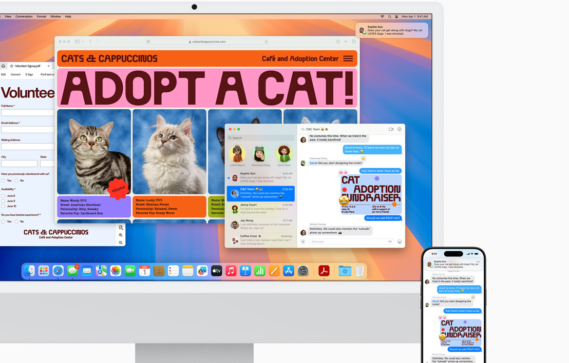 Un iMac argent à côté duquel se trouve un iPhone, affichant tous deux les mêmes échanges dans Messages ainsi que l’option de répondre à un appel entrant.