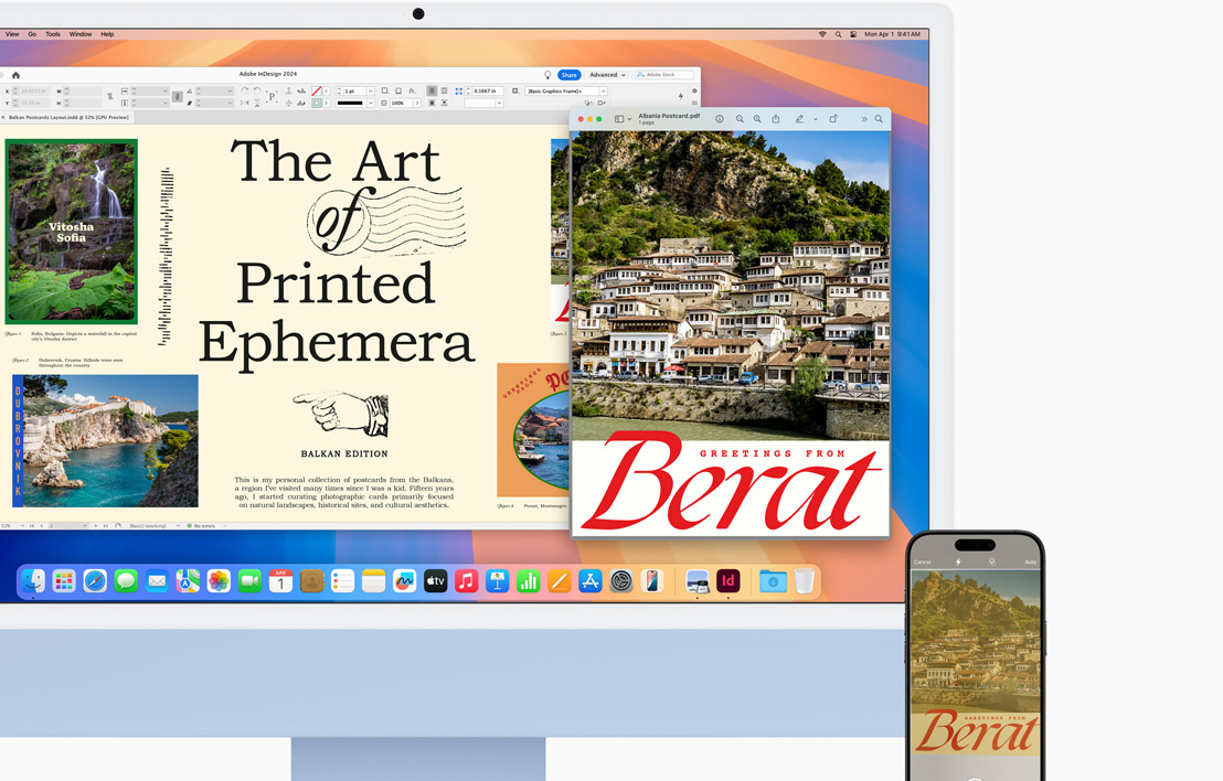 Un iMac bleu à côté duquel se trouve un iPhone, affichant tous deux un document illustré via la fonctionnalité Handoff.
