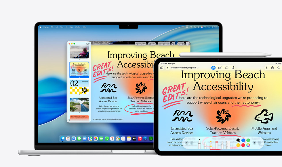 Useita Apple-laitteita, sama kuva jokaisessa laitteessa, Apple Penciliä on käytetty kuvan merkitsemiseen iPadissa, merkintä toistuu muissa laitteissa