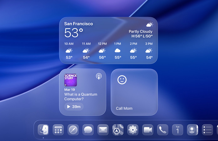 Liquid Glass Weather, Podcasts, and Reminders widgets on macOS Tahoe screen