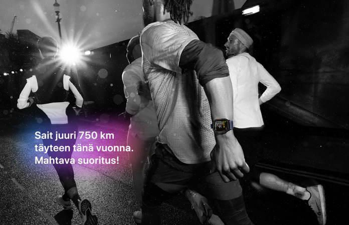 Mustavalkoinen kuva hölkkäävistä ihmisistä, kuvan yllä olevassa tekstissä lukee Sait juuri 750 km täyteen tänä vuonna. Mahtava suoritus!