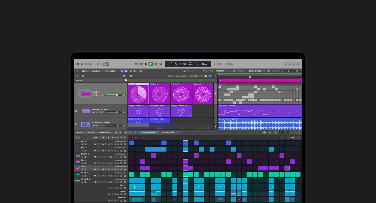 Écran du MacBook Pro 16, interface de Logic Pro avec le synthé crunchy : fenêtre des ondes sonores du piano de chambre ouverte et instruments et effets à l’arrière-plan