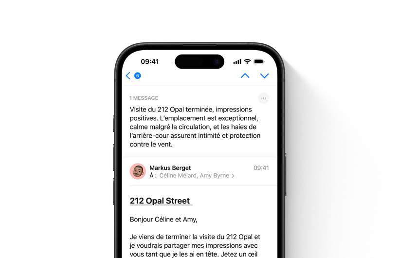 Un e-mail s’affiche dans l’app Mail, avec son résumé à lire au sommet.