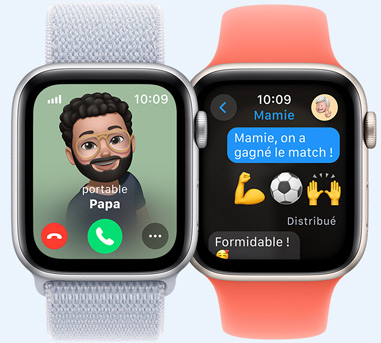Deux Apple Watch. Une avec un Memoji de Papa qui appelle. L’autre avec un SMS pour Mamie qui dit « Mamie, on a gagné le match ! »{