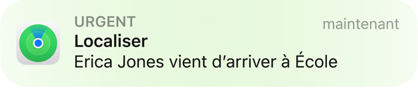 Animation d’un message de notification indiquant qu’une enfant est arrivée à l’école.
