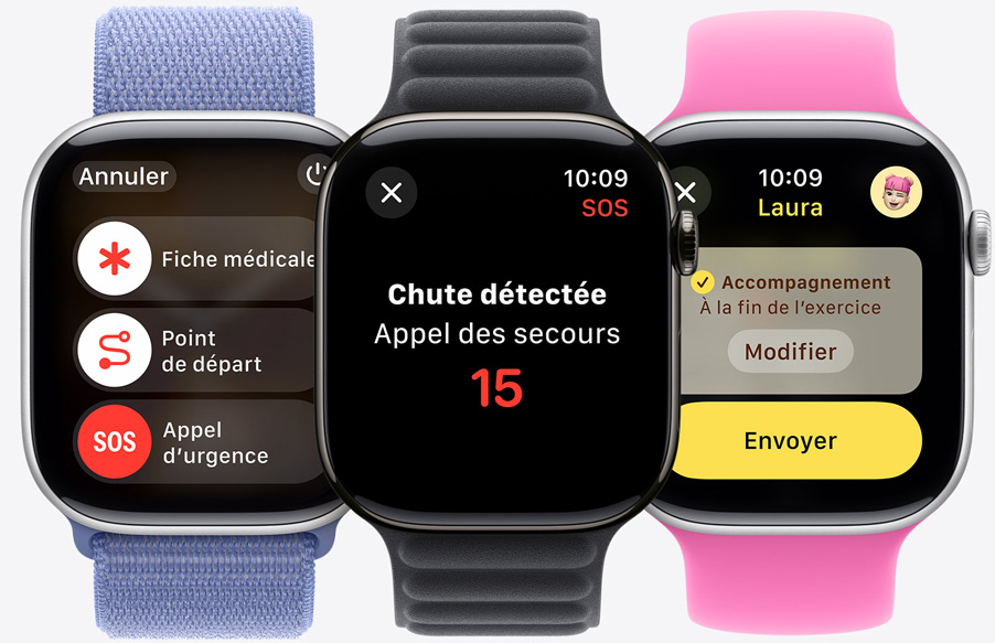 Une Apple Watch Series 10 affiche les curseurs d’appel d’urgence, de fiche médicale et de Point de départ. Une Apple Watch Series 10 affiche une notification de détection de chute. Une Apple Watch Series 10 est prête à envoyer un Accompagnement à quelqu’un.
