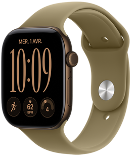 Apple Watch Series 12, boîtier en aluminium, finition bronze sombre, cadran Modulaire compact, complications : jour et date, exercice Course, fréquence cardiaque, préparation, côté droit, Digital Crown, bouton latéral, Bracelet Sport, couleur olive