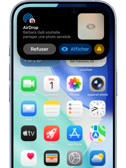 Une notification AirDrop sur l’iPhone donne le choix d’accepter ou de refuser une image floue.