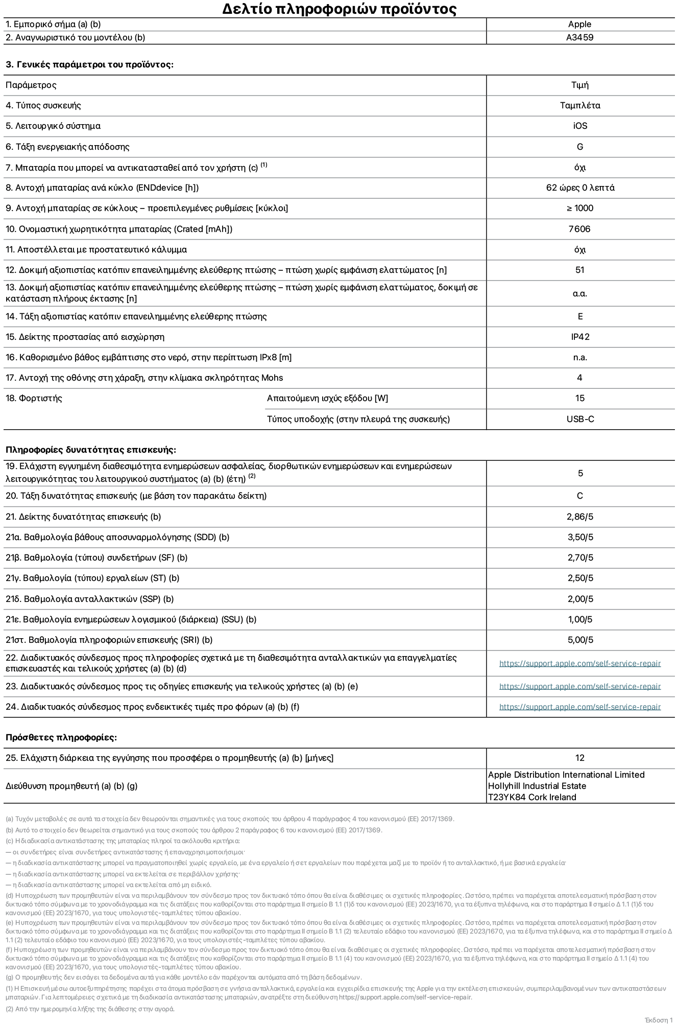 Φύλλο πληροφοριών προϊόντος για το iPad Air Wi-Fi 11 ιντσών, μοντέλο A3459. Παρέχεται από την Apple Distribution International Limited, Hollyhill Industrial Estate. Cork, Ιρλανδία, T23 YK84. Τύπος συσκευής: τάμπλετ. Λειτουργικό σύστημα: iOS. Τάξη ενεργειακής απόδοσης: G. Δυνατότητα αντικατάστασης μπαταρίας από τον χρήστη: όχι. Αντοχή μπαταρίας ανά κύκλο: 62 ώρες. Αντοχή μπαταρίας σε κύκλους - προεπιλεγμένες ρυθμίσεις: μεγαλύτερη ή ίση του 1.000. Ονομαστική χωρητικότητα μπαταρίας: 7.606 μιλιαμπέρ-ώρα. Αποστέλλεται με προστατευτικό κάλυμμα: όχι. Δοκιμή αξιοπιστίας κατόπιν επανειλημμένης ελεύθερης πτώσης, πτώσεις χωρίς βλάβη: περισσότερες ή ίσες με 51. Δοκιμή αξιοπιστίας κατόπιν επανειλημμένης ελεύθερης πτώσης, πτώσεις χωρίς βλάβη σε κατάσταση πλήρους έκτασης: μη διαθέσιμο. Τάξη αξιοπιστίας κατόπιν επανειλημμένης ελεύθερης πτώσης: E. Αξιολόγηση προστασίας από εισχώρηση: IP42. Καθορισμένο βάθος εμβύθισης σε νερό, σε περίπτωση iPx8: μη διαθέσιμο. Ανθεκτικότητα οθόνης στις γρατζουνιές στην κλίμακα σκληρότητας Mohs: 4. Απαιτούμενη ισχύς εξόδου φορτιστή: 15 W. Τύπος υποδοχής ηλεκτρικού ρεύματος φορτιστή (στο άκρο της συσκευής): USB-C. Ελάχιστη εγγυημένη διαθεσιμότητα ενημερώσεων ασφαλείας, διορθωτικών ενημερώσεων και ενημερώσεων λειτουργικότητας λειτουργικού συστήματος: 5 έτη. Τάξη επιδιορθωσιμότητας: C. Δείκτης επιδιορθωσιμότητας: 2,86/5. Βαθμολογία βάθους αποσυναρμολόγησης (SDD): 3,50/5. Βαθμολογία συνδετήρων: 2,70/5. Βαθμολογία εργαλείων: 2,50/5. Βαθμολογία ανταλλακτικών: 2.00/5. Βαθμολογία ενημερώσεων λογισμικού: 1,00/5. Βαθμολογία πληροφοριών επιδιόρθωσης: 5,00/5. Διαδικτυακός σύνδεσμος με πληροφορίες για τη διαθεσιμότητα ανταλλακτικών για επαγγελματίες τεχνικούς και τελικούς χρήστες: https://ancillary-proxy.atarimworker.io?url=https%3A%2F%2Fsupport.apple.com%2Fself-service-repair. Διαδικτυακός σύνδεσμος με πληροφορίες επιδιόρθωσης για τελικούς χρήστες: https://ancillary-proxy.atarimworker.io?url=https%3A%2F%2Fsupport.apple.com%2Fself-service-repair. Διαδικτυακός σύνδεσμος με ενδεικτικές τιμές προ φόρου: https://ancillary-proxy.atarimworker.io?url=https%3A%2F%2Fsupport.apple.com%2Fself-service-repair. Προσφέρεται 12μηνη γενική εγγύηση.