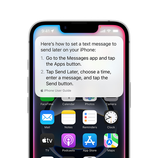 iPhone 16e που δείχνει αναδυόμενο κείμενο από το Siri με οδηγίες για τη ρύθμιση ενός μηνύματος κειμένου για αποστολή αργότερα.