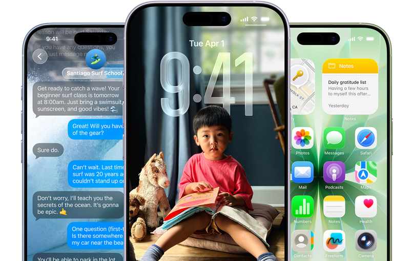Συσκευές iPhone 17, εξωτερική μπροστινή όψη, χρώματα: γκρι μπλε, λεβάντα, φασκόμηλο, λειτουργίες iOS, παρασκήνιο με μηνύματα, Liquid Glass που εμφανίζει την Οθόνη Κλειδώματος και την Οθόνη Αφετηρίας με διάφορα apps