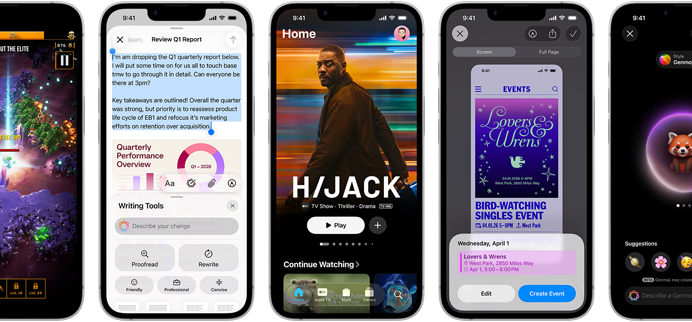 Συσκευές iPhone 17e δίπλα-δίπλα δείχνοντας διαφορετικές οθόνες: ένα παιχνίδι να παίζεται, Εργαλεία Γραφής, το app Apple TV, μία εκδήλωση να δημιουργείται στο ημερολόγιο, ένα Genmoji να δημιουργείται