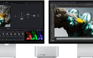 Οθόνη Studio&nbsp;Display και οθόνη Studio&nbsp;Display&nbsp;XDR, μία δίπλα σε κάθε πλευρά του Mac&nbsp;Studio, οι οποίες εμφανίζουν τον χώρο εργασίας του καλλιτέχνη, λογισμικό και εργαλεία μοντέλων 3D