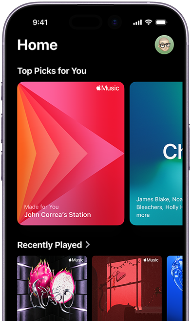 iPhone 顯示 Apple Music 主頁，展示「Top Picks for You」和「Recently Played」