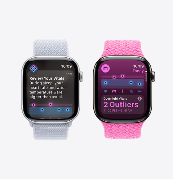 Apple Watch Series 10 顯示「檢視你的維生指數」通知，另一隻 Apple Watch Series 10 上的維生指數 app 顯示有兩個異常的夜間維生指數。